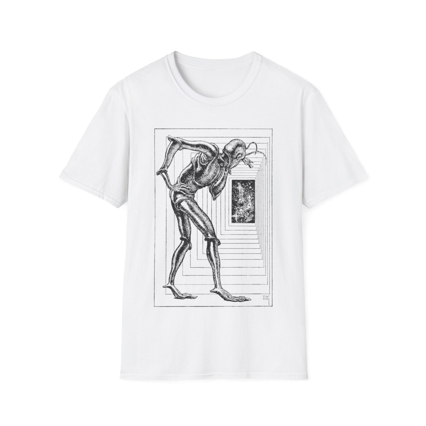 virgil finlay illustration alien looking through a doorway tshirt