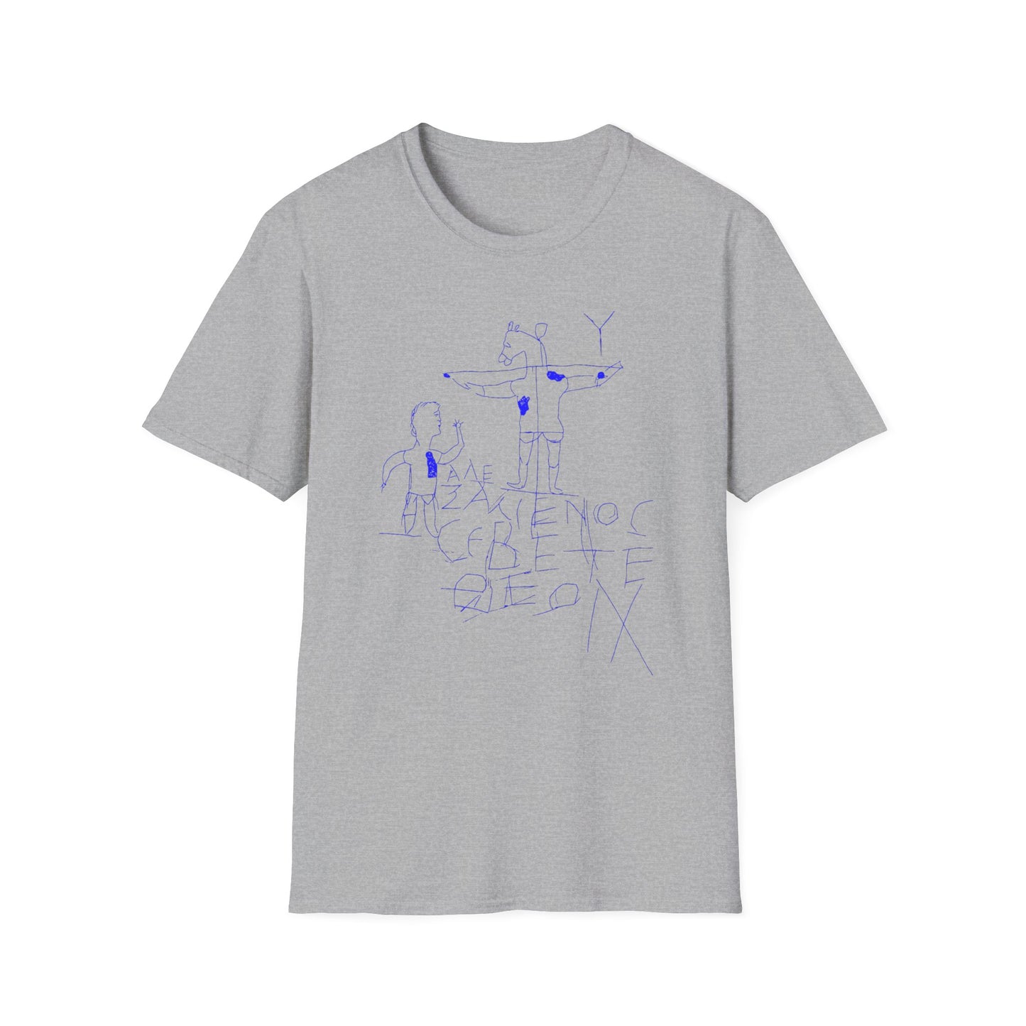 alexamenos graffito blasphemous young man worships donkey early graffiti 200 BC in blue tshirt