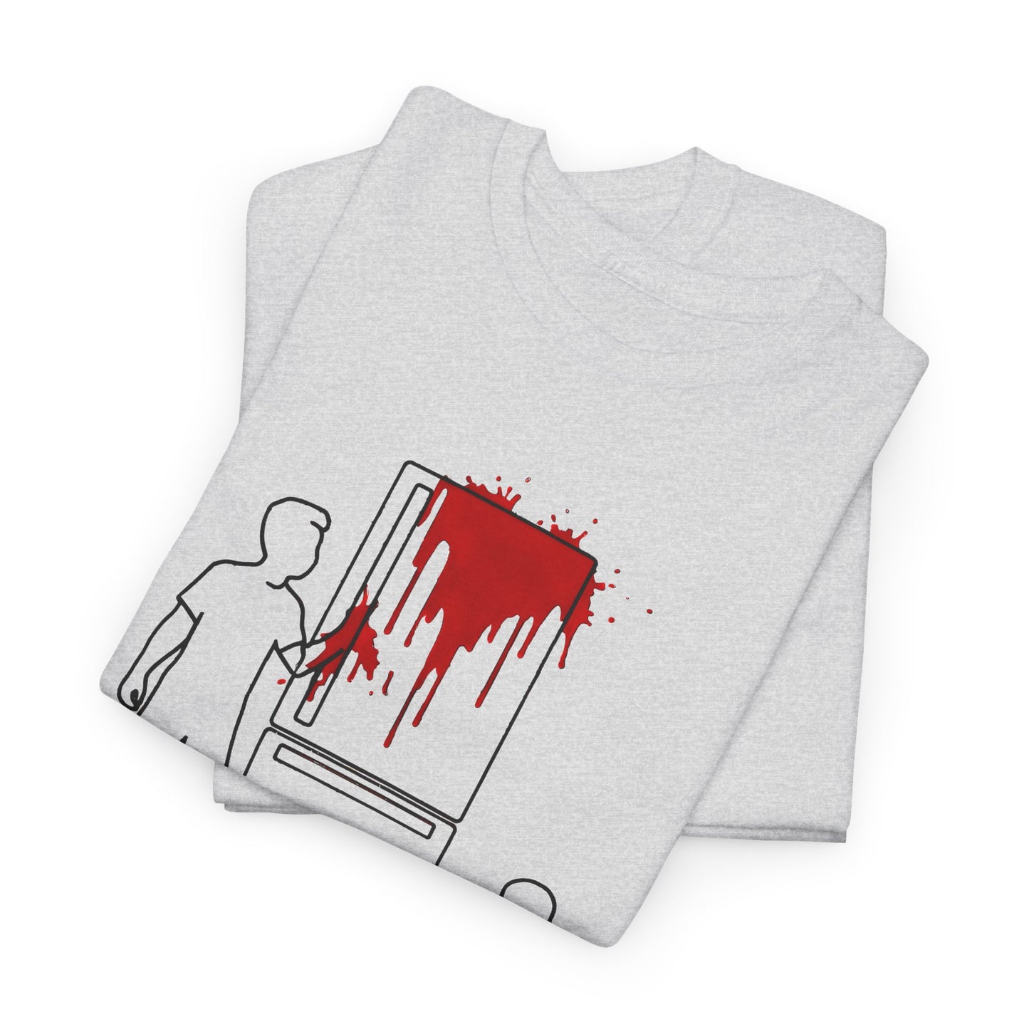 weird kitchen scene with ketchup on a fridge tshirt