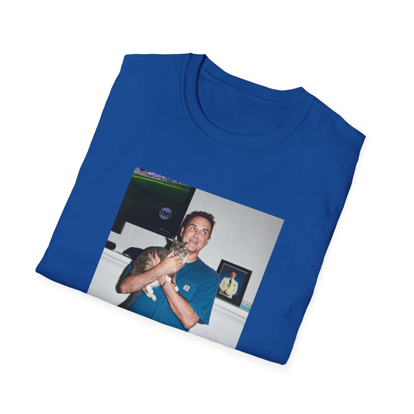 norm macdonald and his cat in front of a framed picture of steve martin close up tshirt