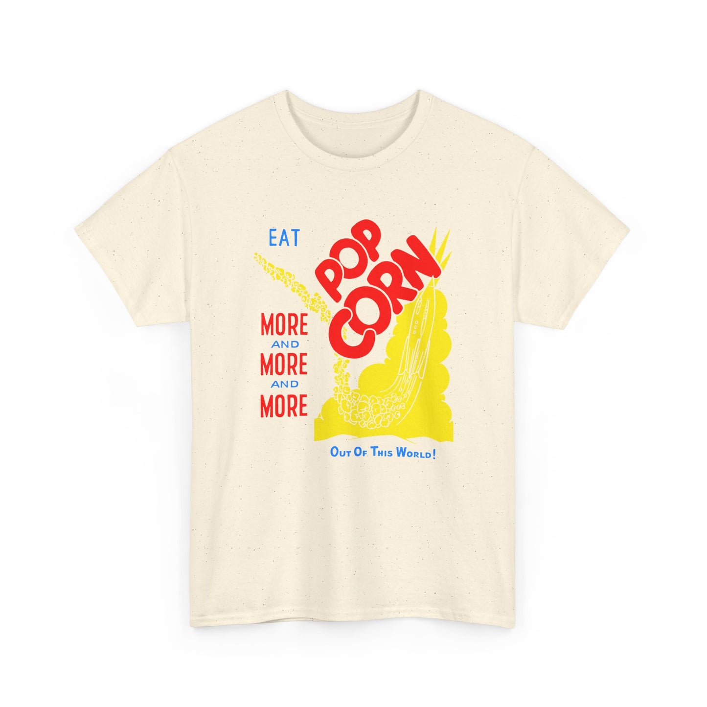 1950s coloured popcorn box logo eat popcorn more and more and more out of this world! tshirt