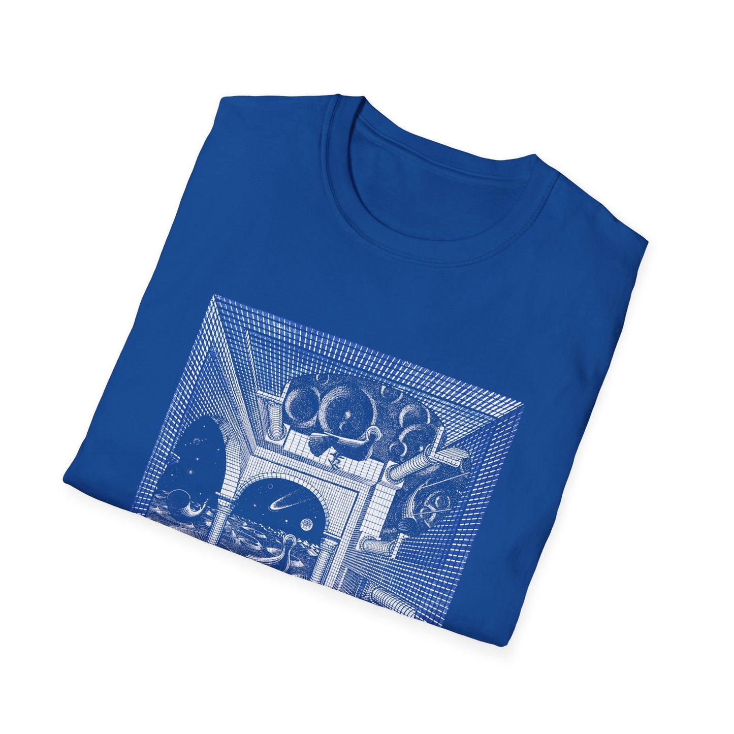 1947 m.c escher another world in blue tshirt