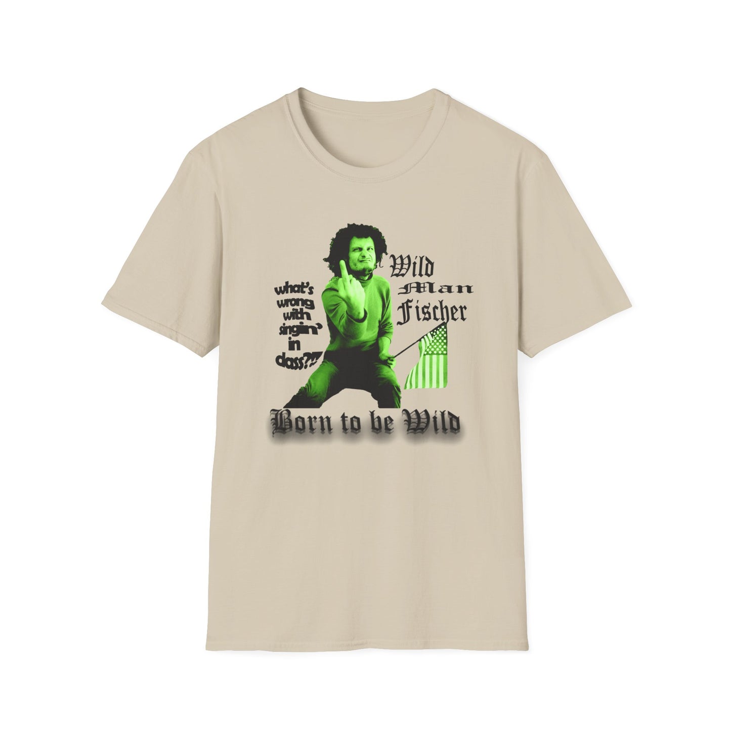 wild man fischer middle finger in green tshirt