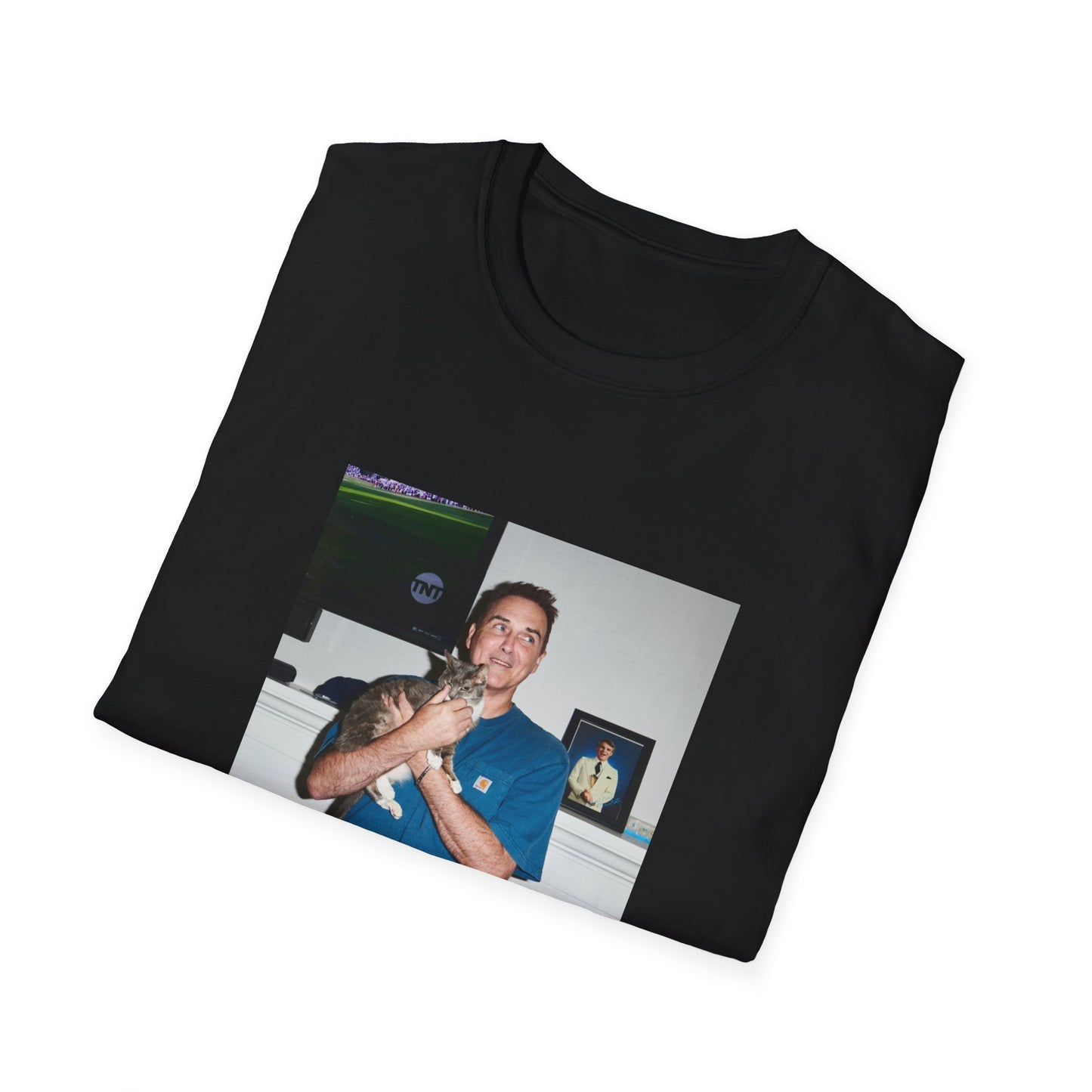 norm macdonald and his cat in front of a framed picture of steve martin close up tshirt