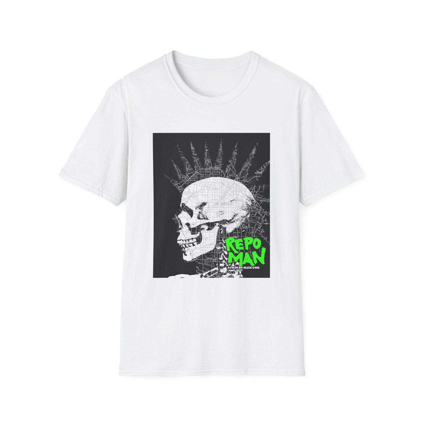 repo man skull punk in black and white with green letters tshirt