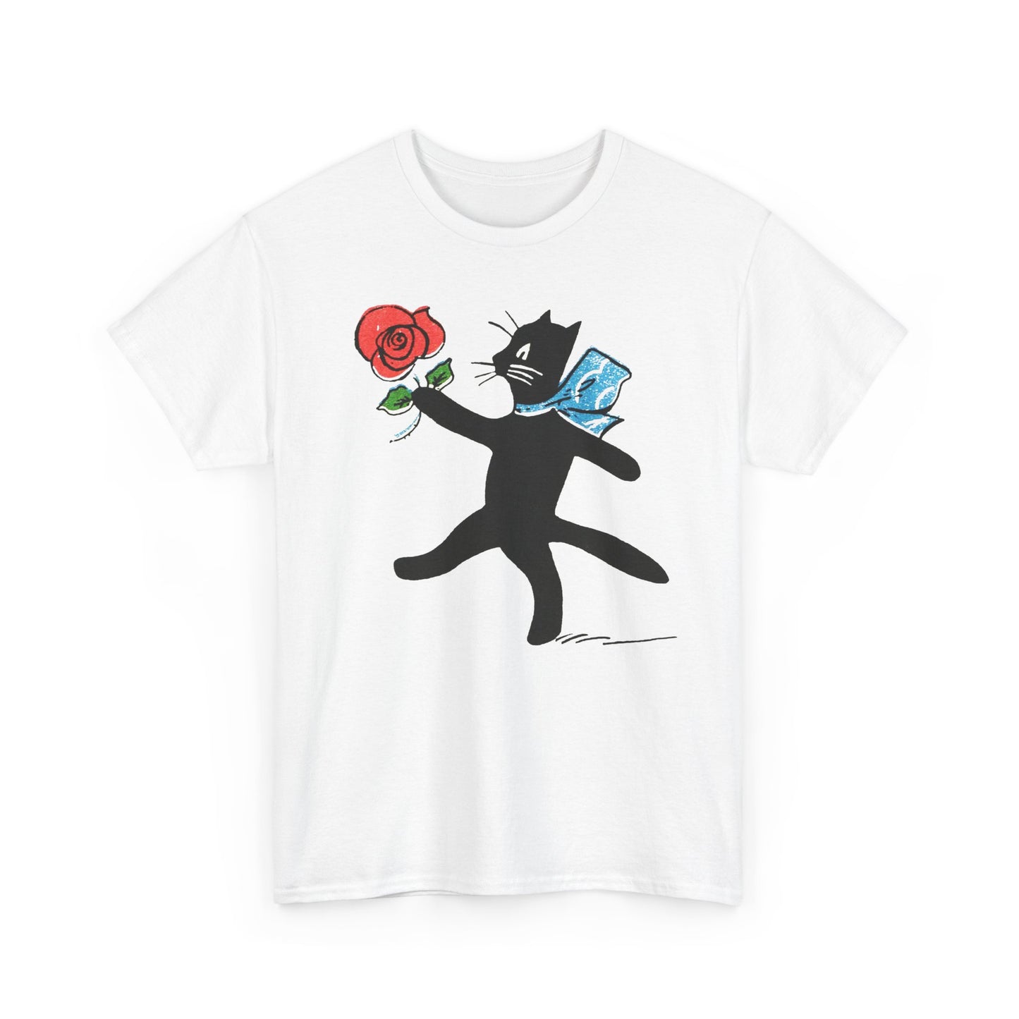 early 1900s french illustration of black cat with flower reproduction tshirt