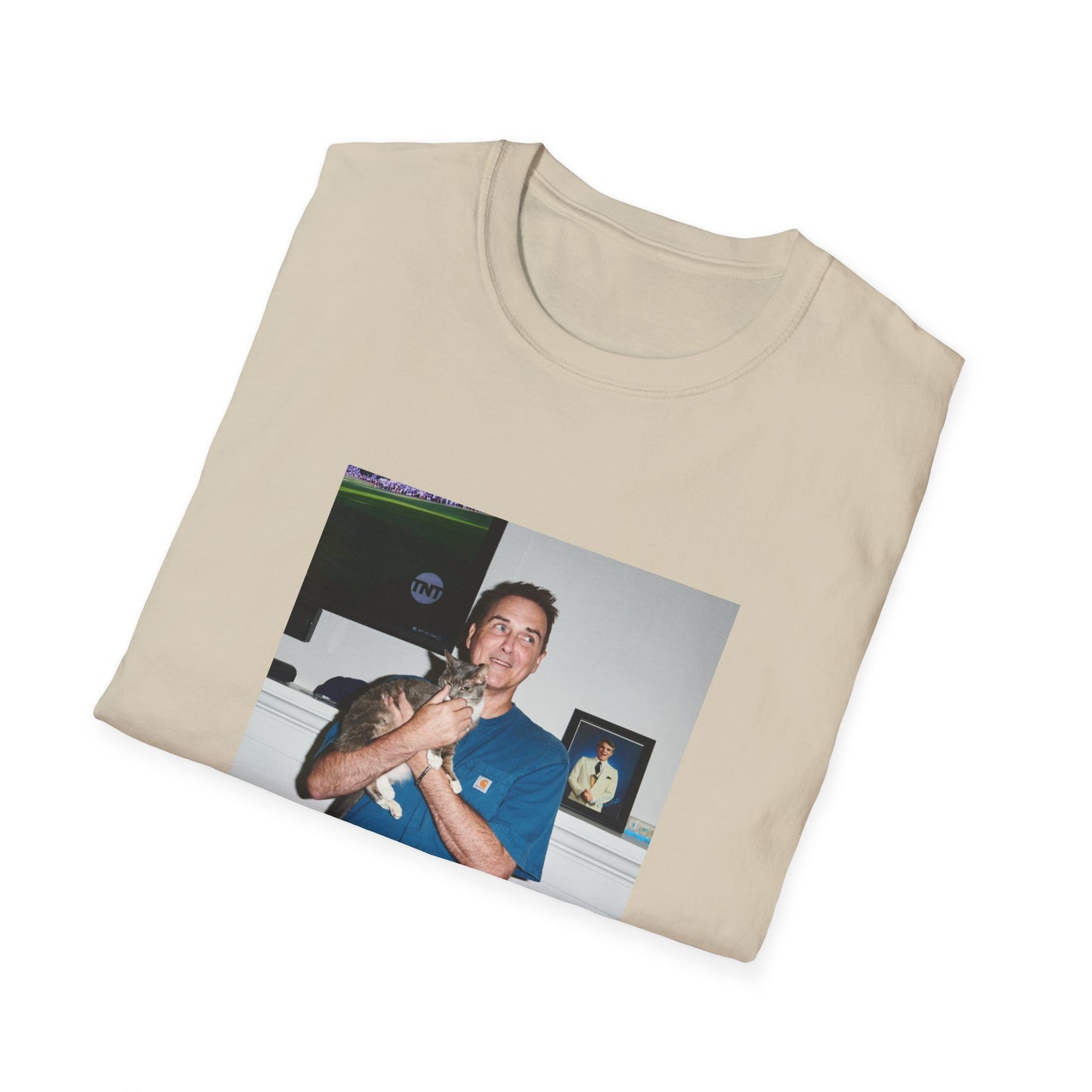 norm macdonald and his cat in front of a framed picture of steve martin close up tshirt