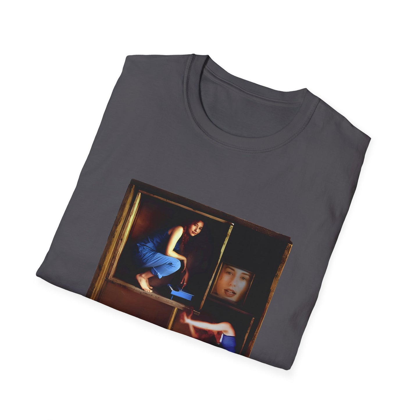 tori amos on a shelf in a crate playing a small piano surrounded by other amos's on a tshirt