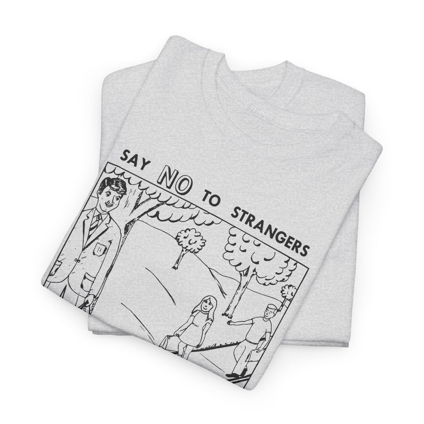 vintage block parents graphic say no to strangers reproduction tshirt