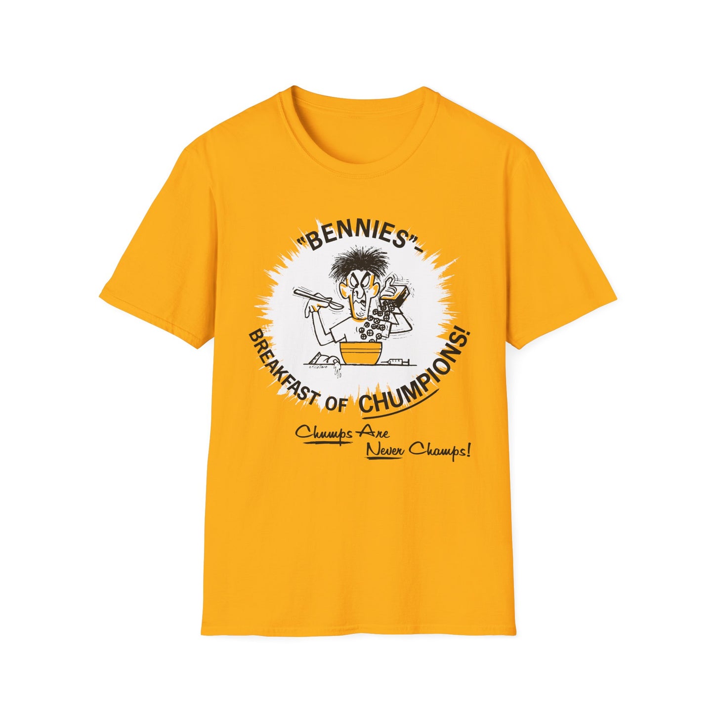 1960s/70s anti-drug poster tshirt "bennies - breakfast of chumpions! chumps are never champs!" by smartset smarteen s.o.s tshirt