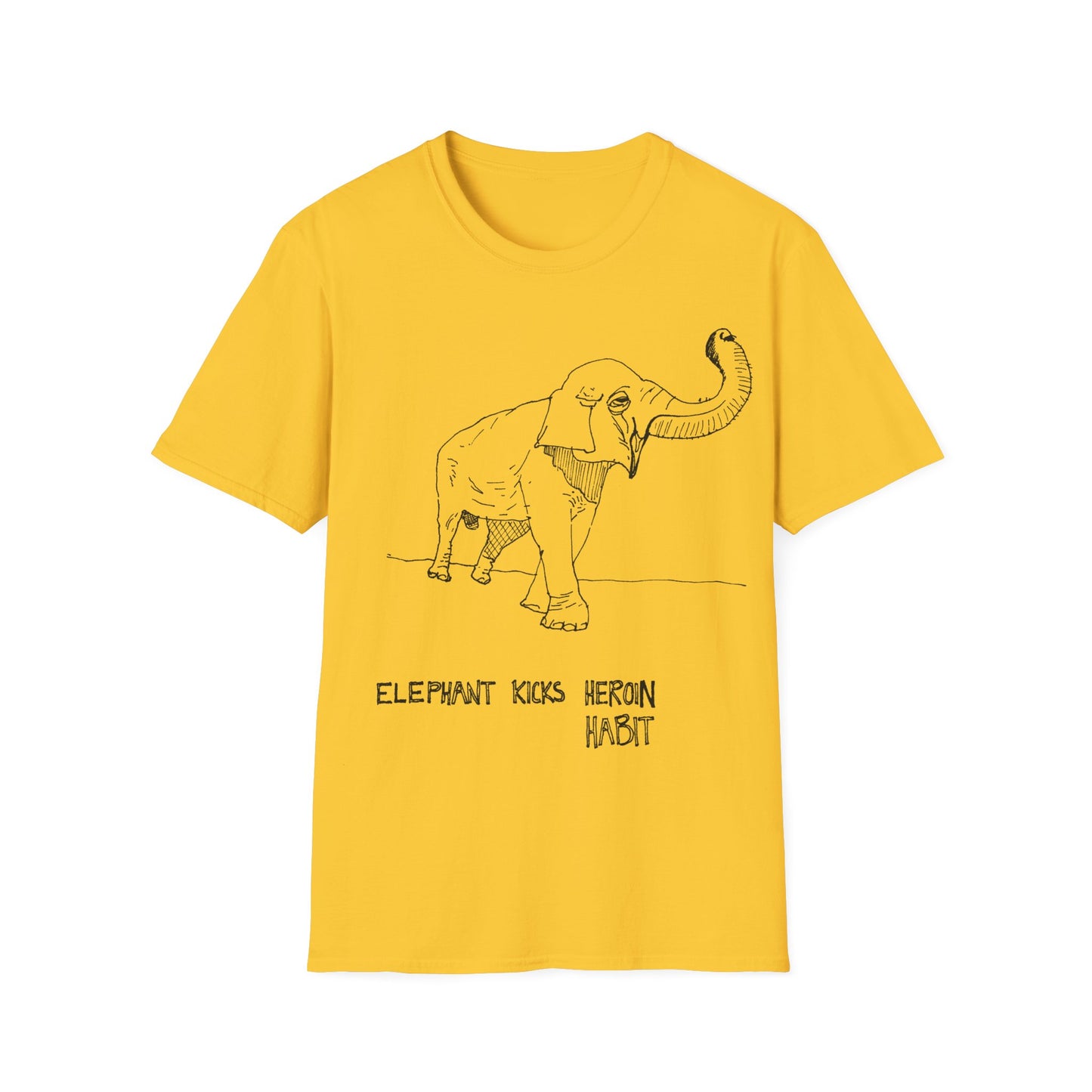 elephant kicks heroin habit original drawing tshirt. reference to xiguang the elephant