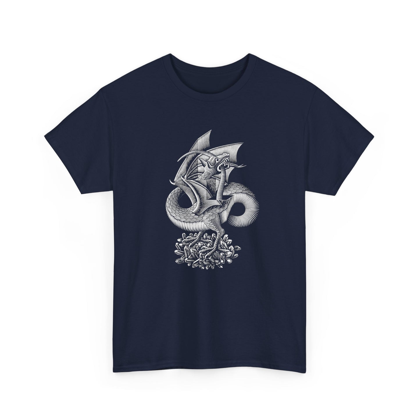 m.c escher 1952 woodcut dragon black and white reproduction tshirt