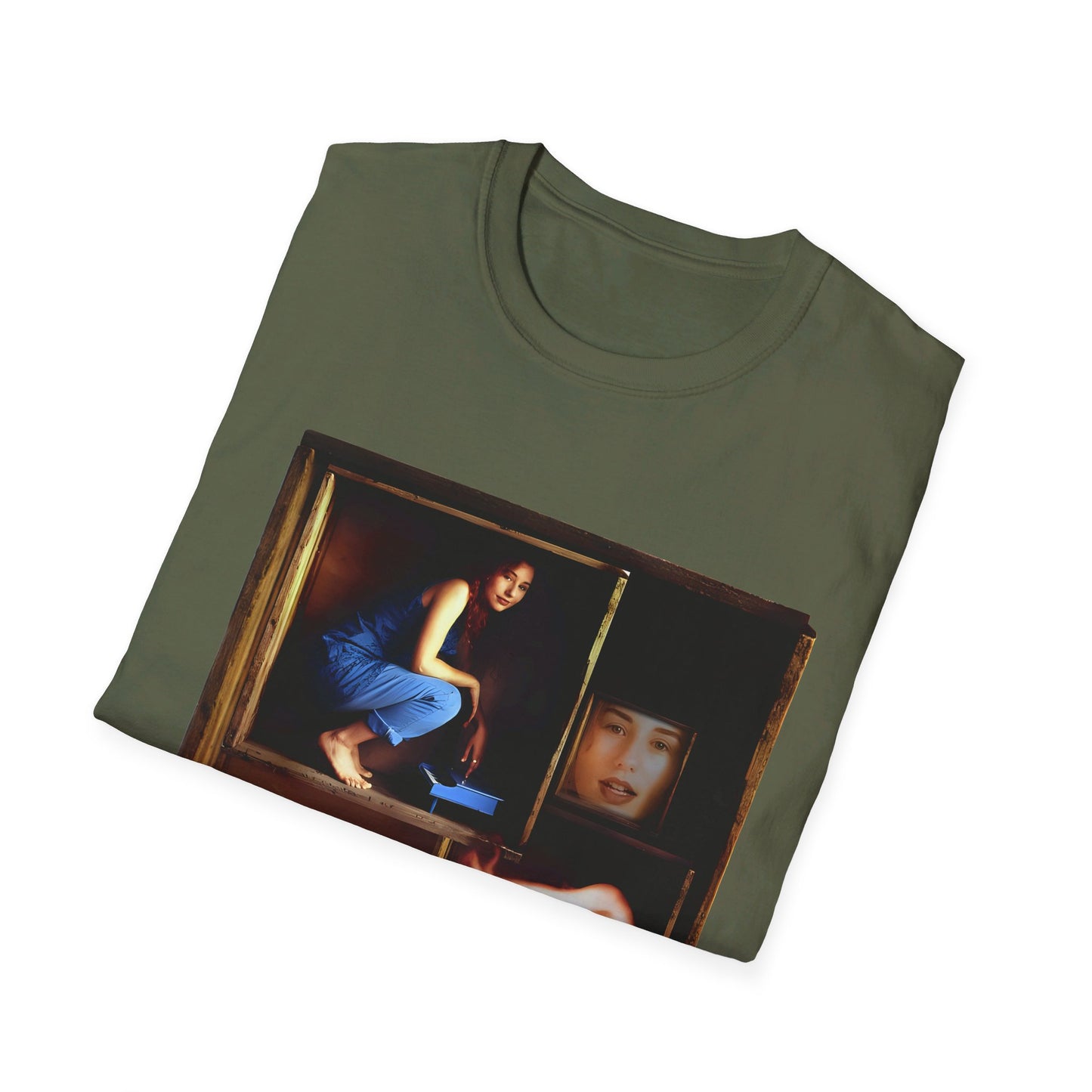 tori amos on a shelf in a crate playing a small piano surrounded by other amos's on a tshirt