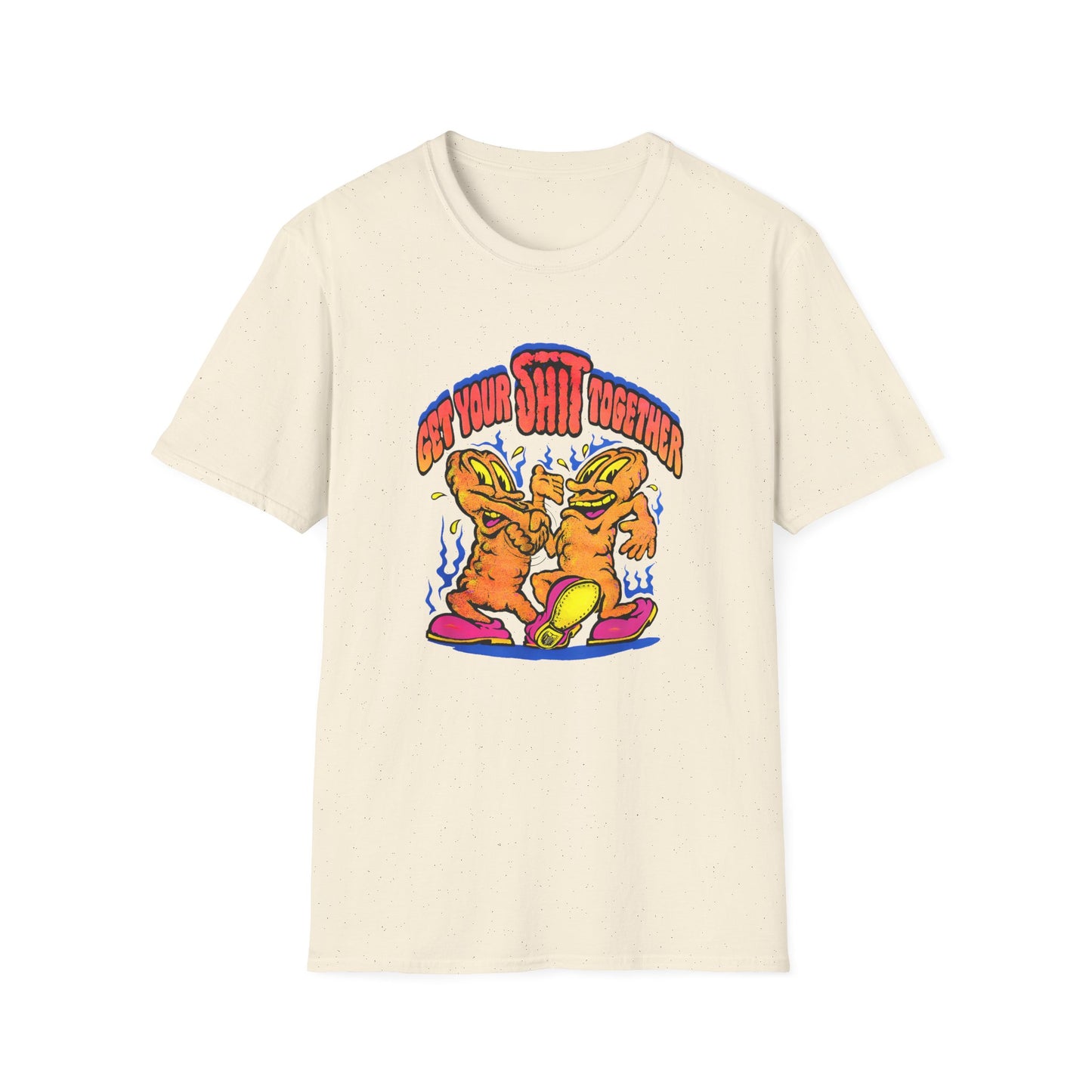 1970s graphic get your shit together two shits shaking hands tshirt