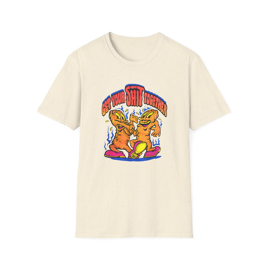 1970s graphic get your shit together two shits shaking hands tshirt