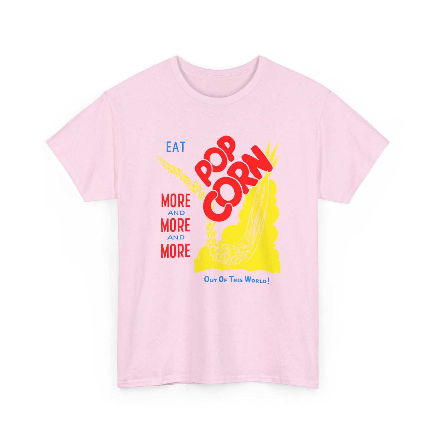 1950s coloured popcorn box logo eat popcorn more and more and more out of this world! tshirt