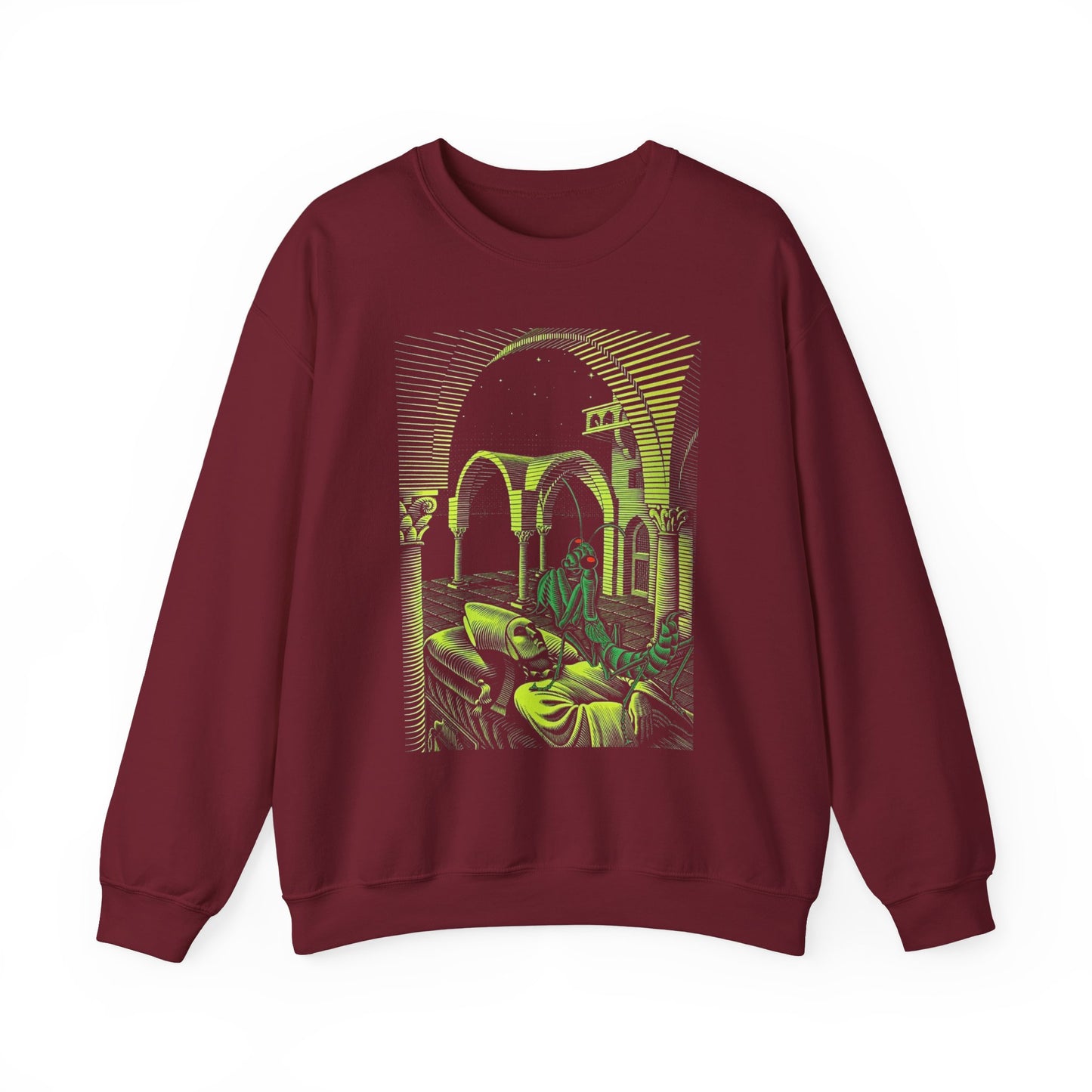 m.c escher dream (mantis religiosa) wood engraving (colorized) gildan 18000 sweatshirt