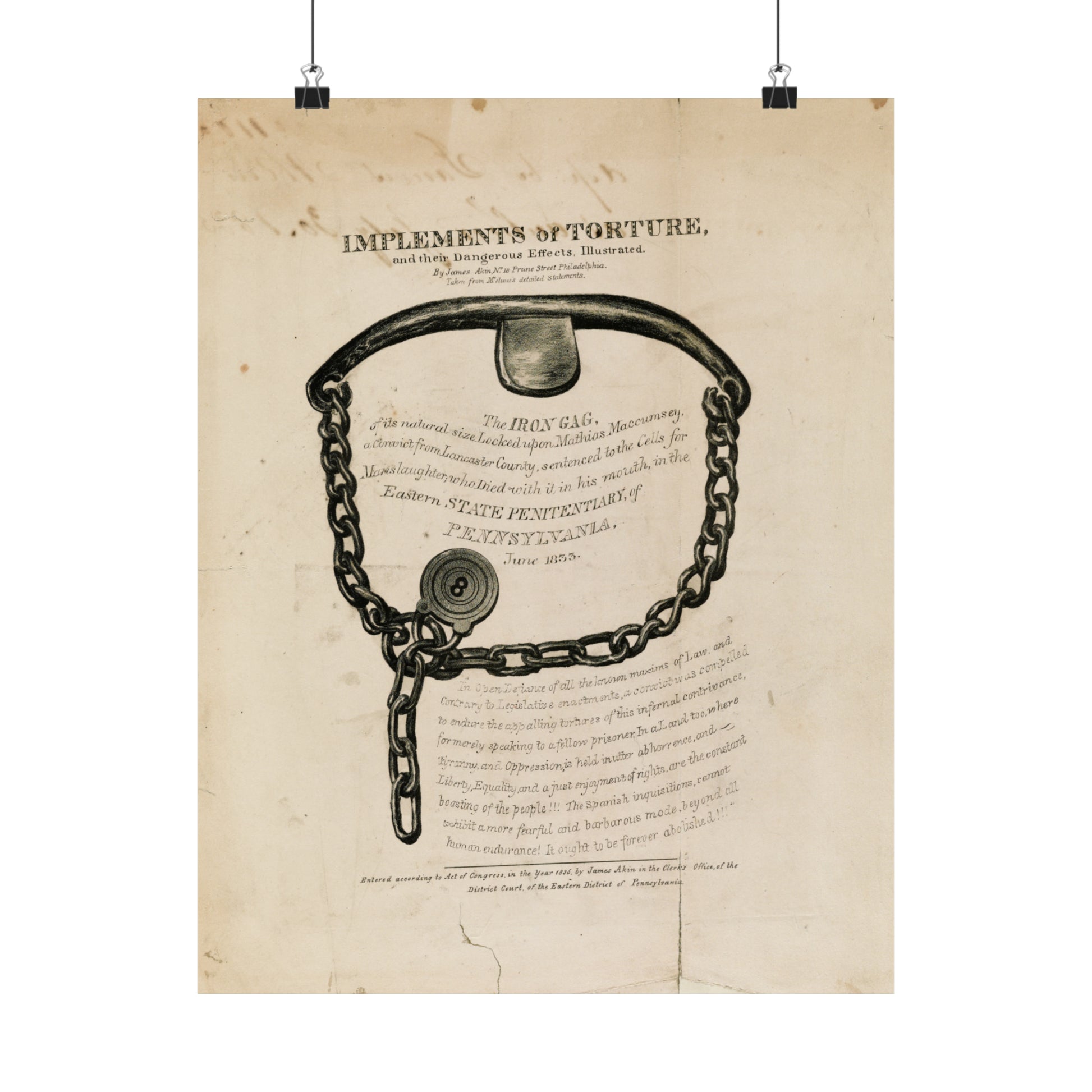 1835 lithograph by james akin "implements of torture, and their dangerous effects" iron gag reproduction matte vertical posters whatmart