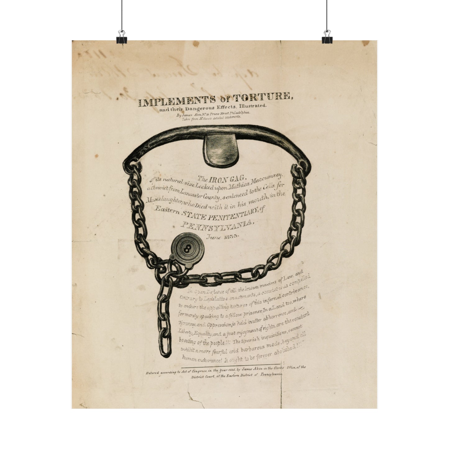 1835 lithograph by james akin "implements of torture, and their dangerous effects" iron gag reproduction matte vertical posters whatmart