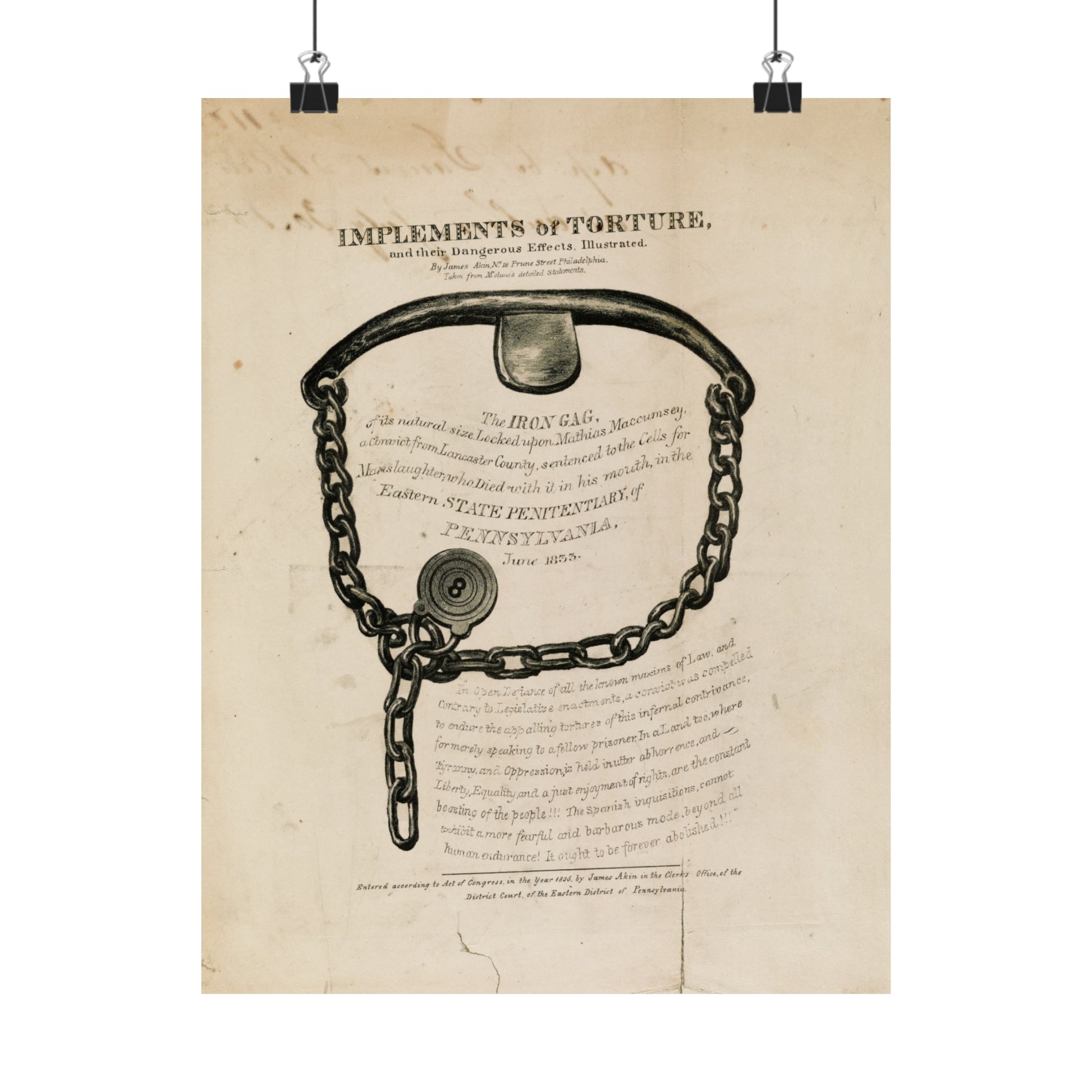 1835 lithograph by james akin "implements of torture, and their dangerous effects" iron gag reproduction matte vertical posters whatmart