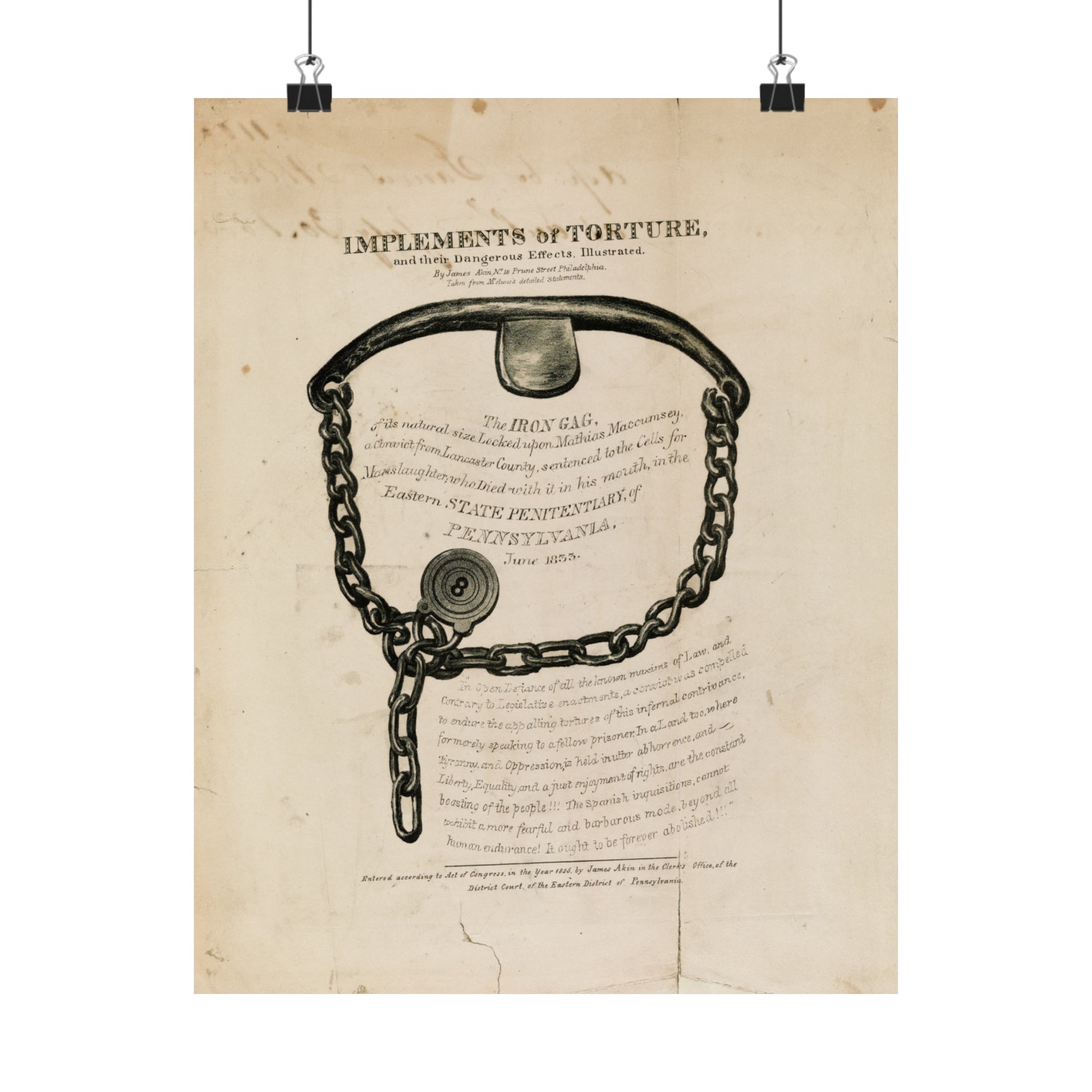 1835 lithograph by james akin "implements of torture, and their dangerous effects" iron gag reproduction matte vertical posters whatmart