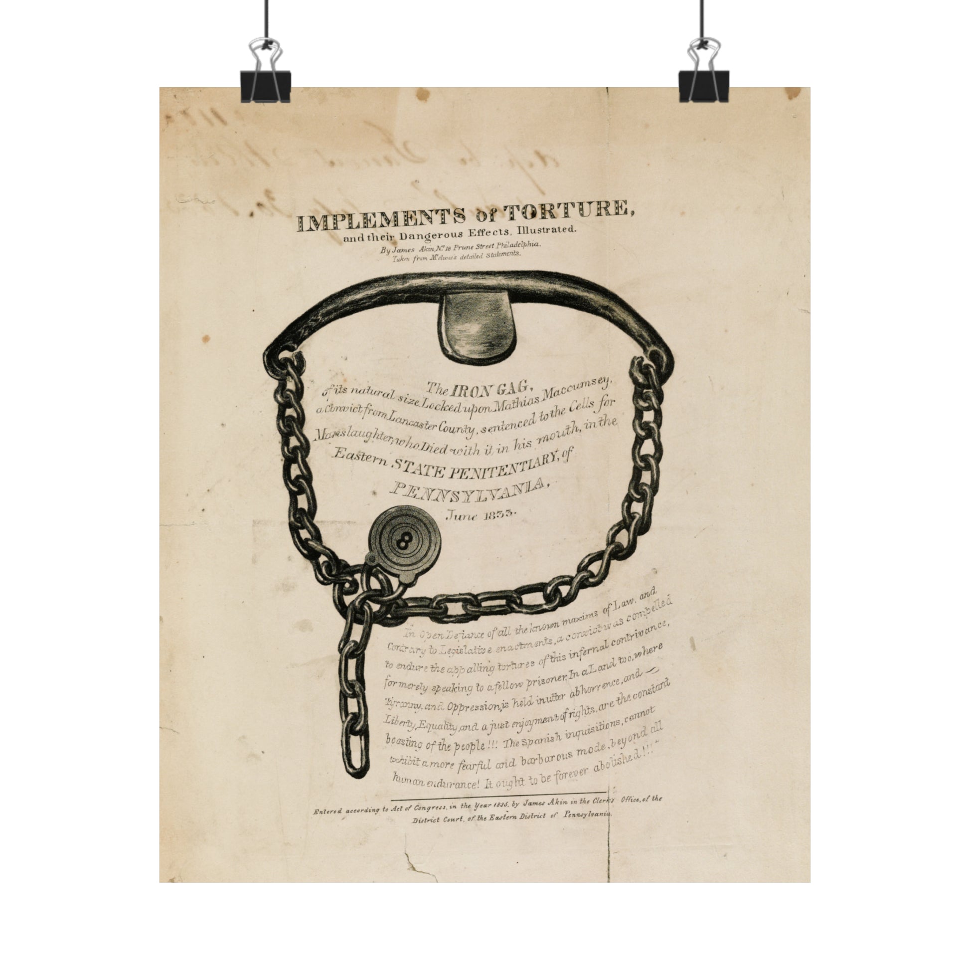 1835 lithograph by james akin "implements of torture, and their dangerous effects" iron gag reproduction matte vertical posters whatmart