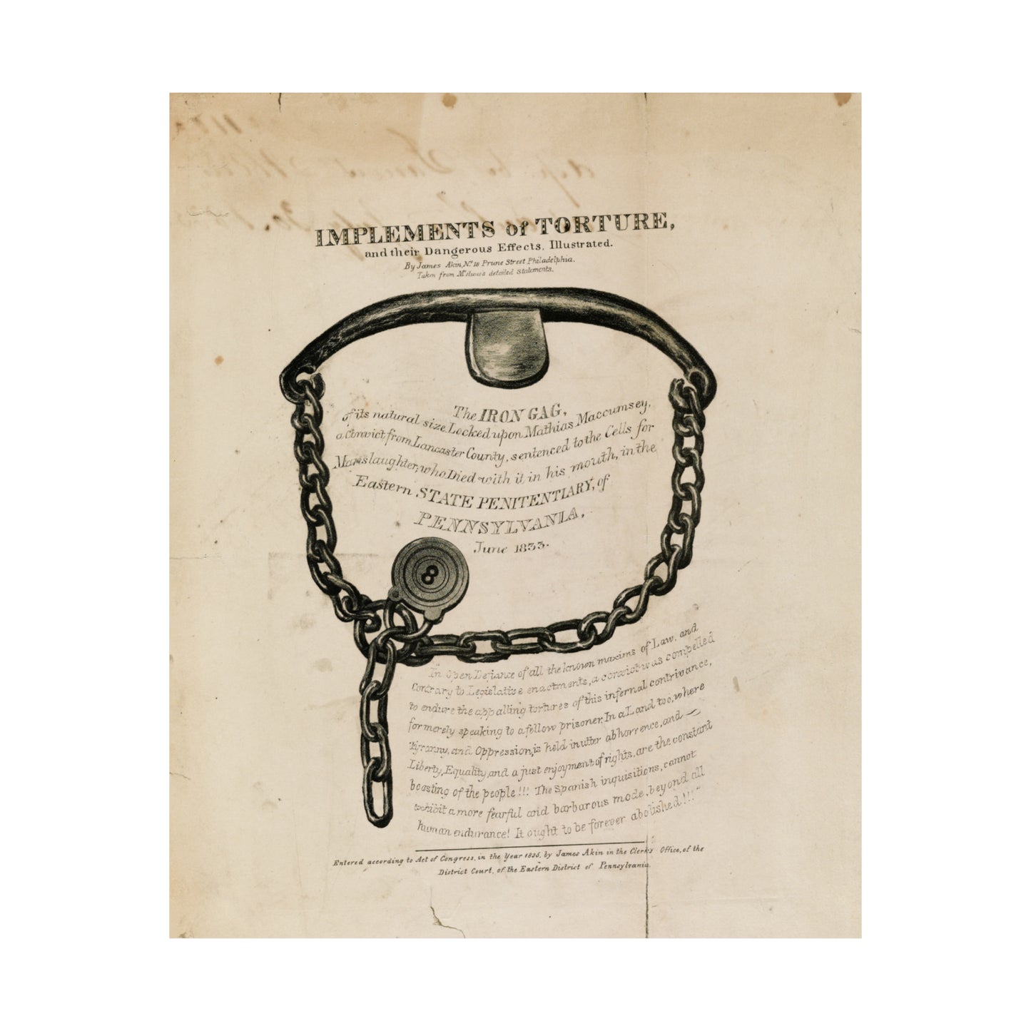 1835 lithograph by james akin "implements of torture, and their dangerous effects" iron gag reproduction matte vertical posters whatmart