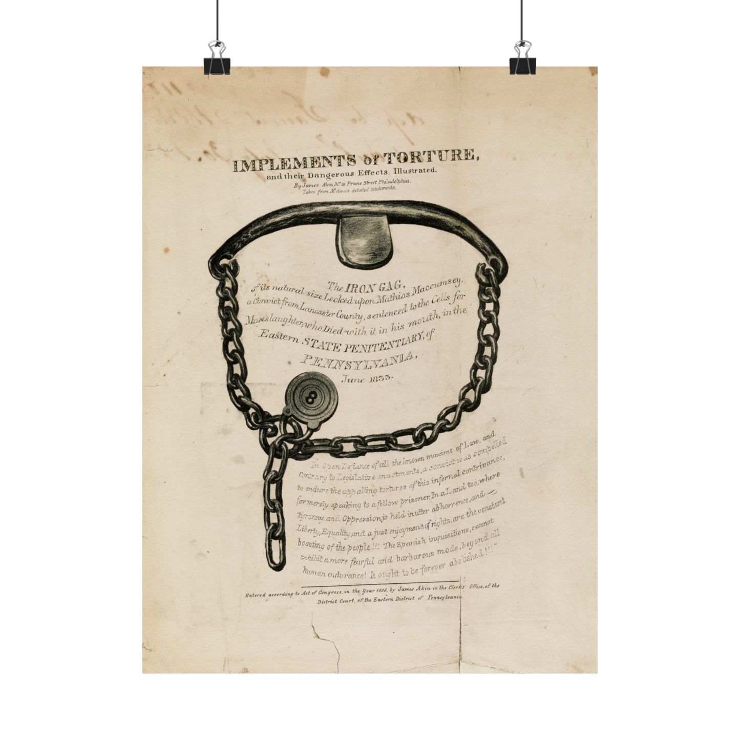 1835 lithograph by james akin "implements of torture, and their dangerous effects" iron gag reproduction matte vertical posters whatmart