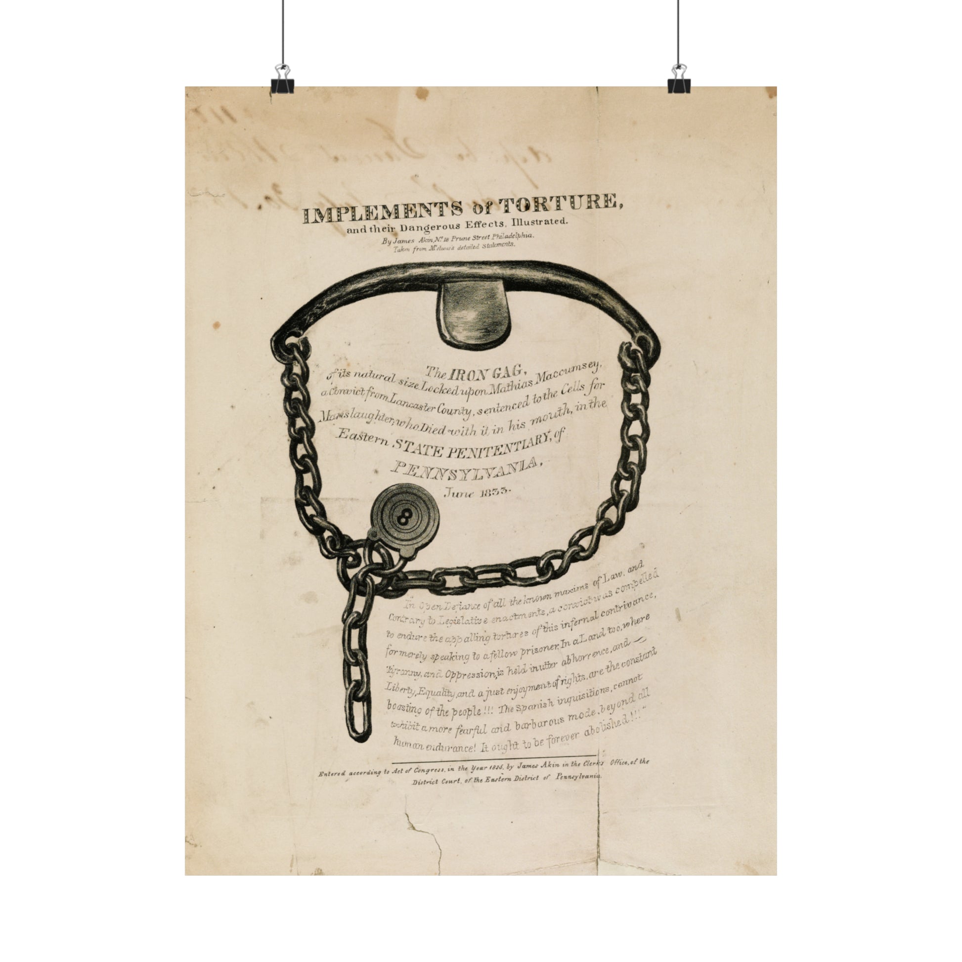 1835 lithograph by james akin "implements of torture, and their dangerous effects" iron gag reproduction matte vertical posters whatmart