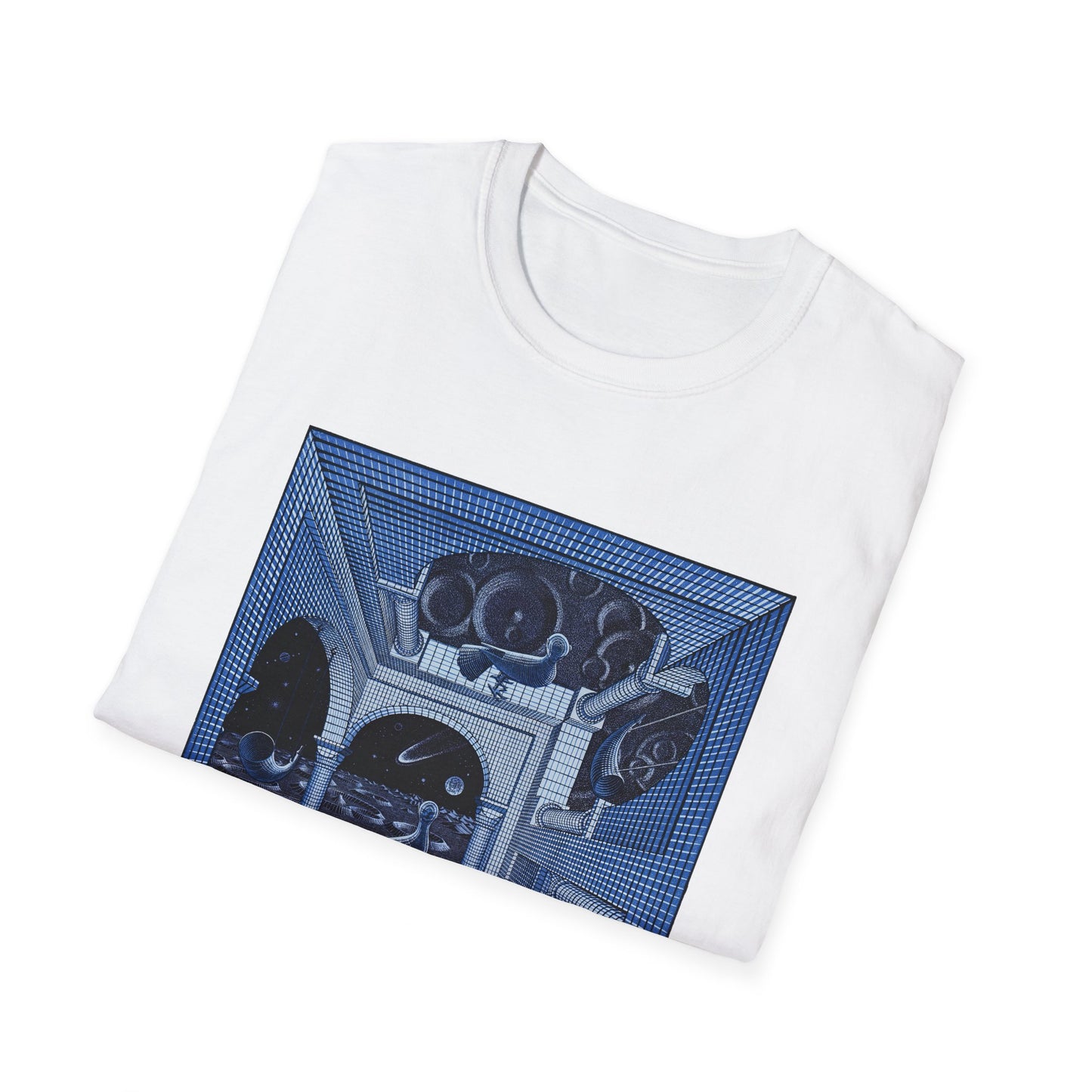 1947 m.c escher another world in blue tshirt