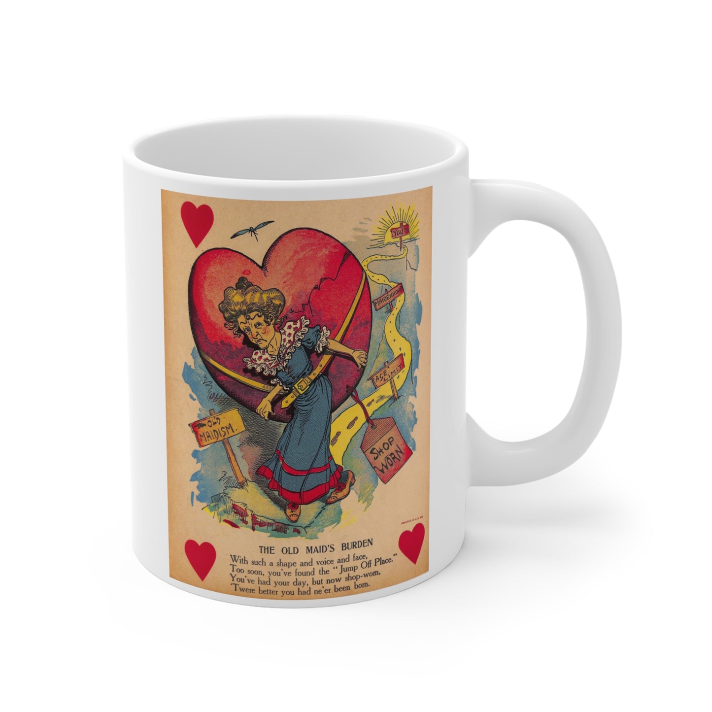 1900s era vinegar valentine "old maid's burden" chromolithograph reproduction ceramic mug whatmart