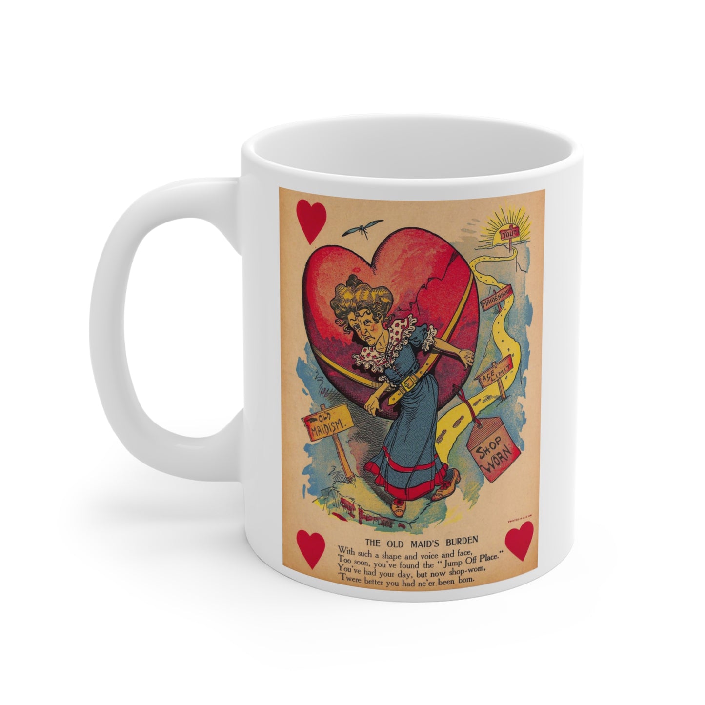 1900s era vinegar valentine "old maid's burden" chromolithograph reproduction ceramic mug whatmart