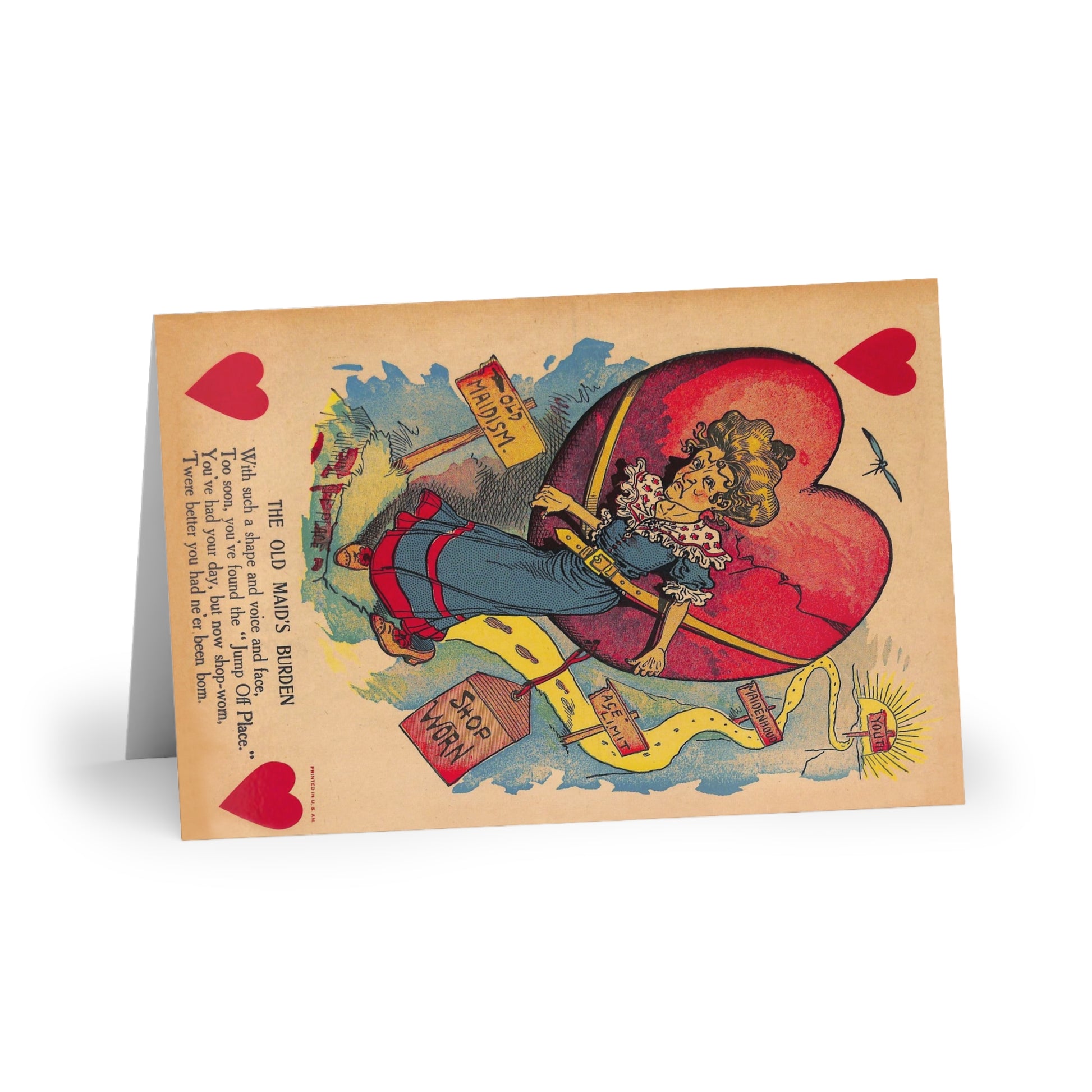 1900s era vinegar valentine "old maid's burden" chromolithograph reproduction greeting cards (1 or 10-pcs) whatmart