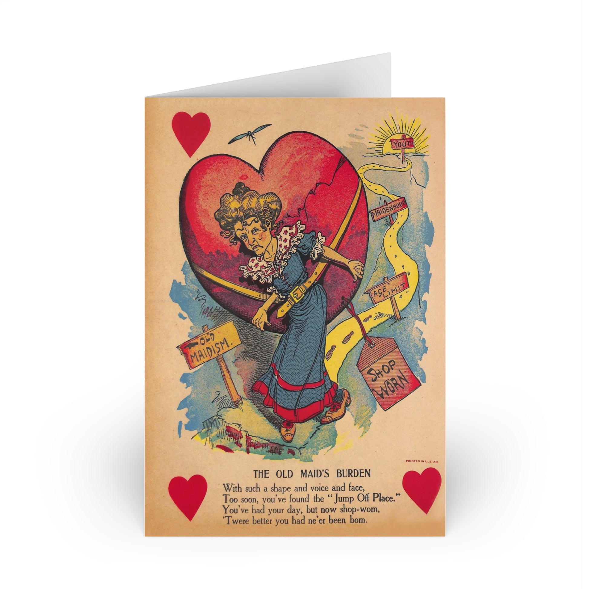 1900s era vinegar valentine "old maid's burden" chromolithograph reproduction greeting cards (1 or 10-pcs) whatmart