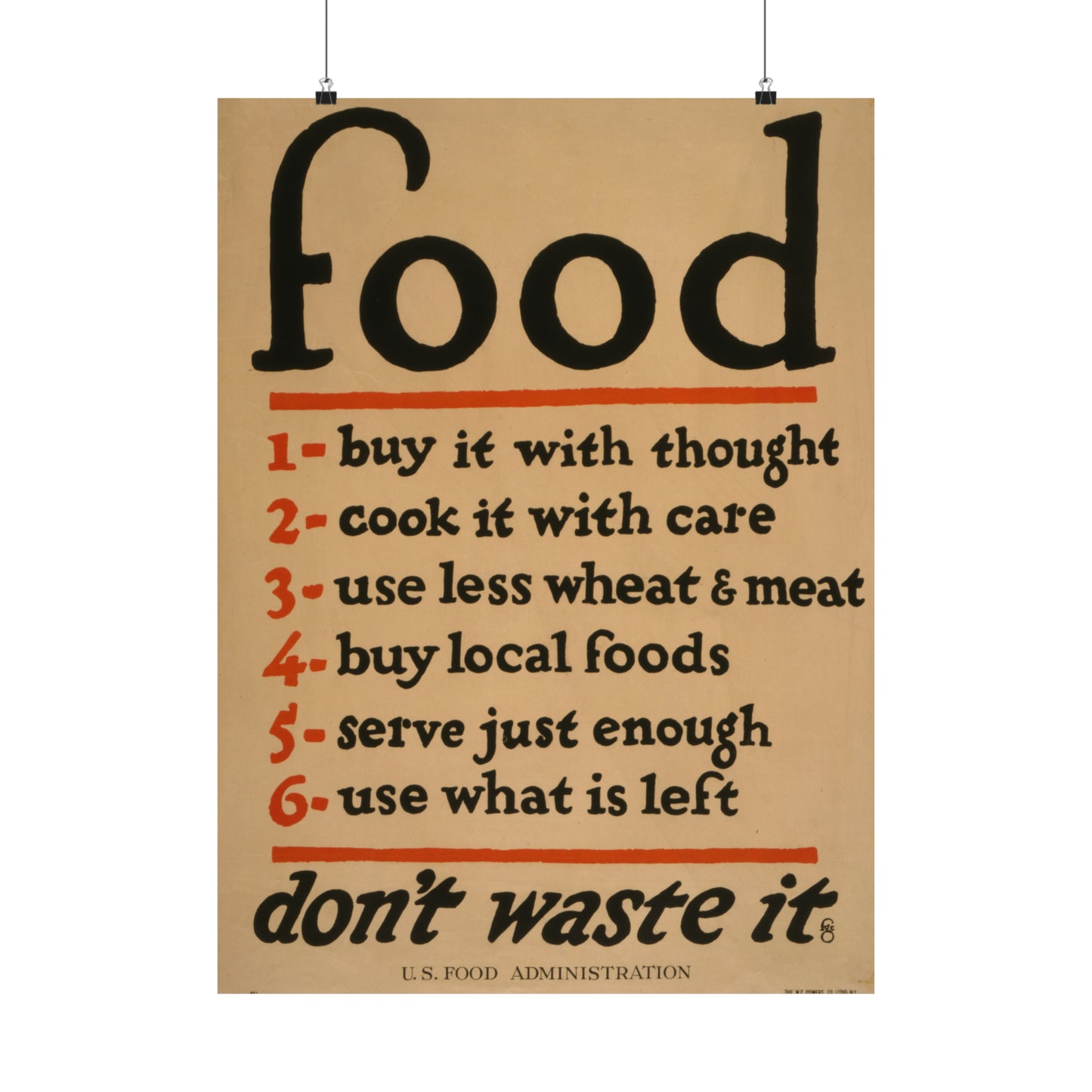 1917 world war I era lithograph print reproduction "food, don't waste it" by frederic g. cooper on a matte vertical poster whatmart