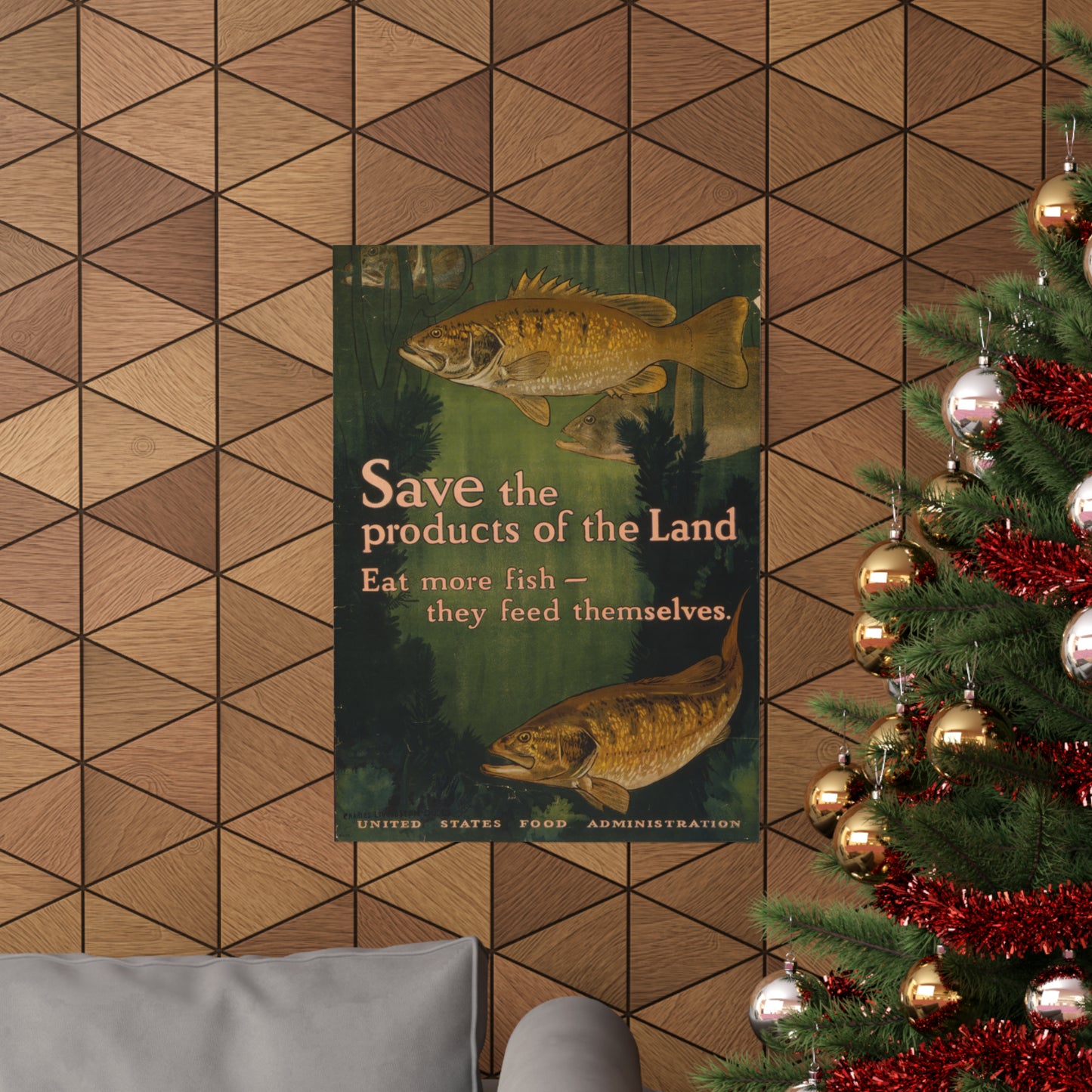 1917 world war I era lithograph reproduction "save the products of the land. eat more fish. they feed themselves." matte vertical poster whatmart