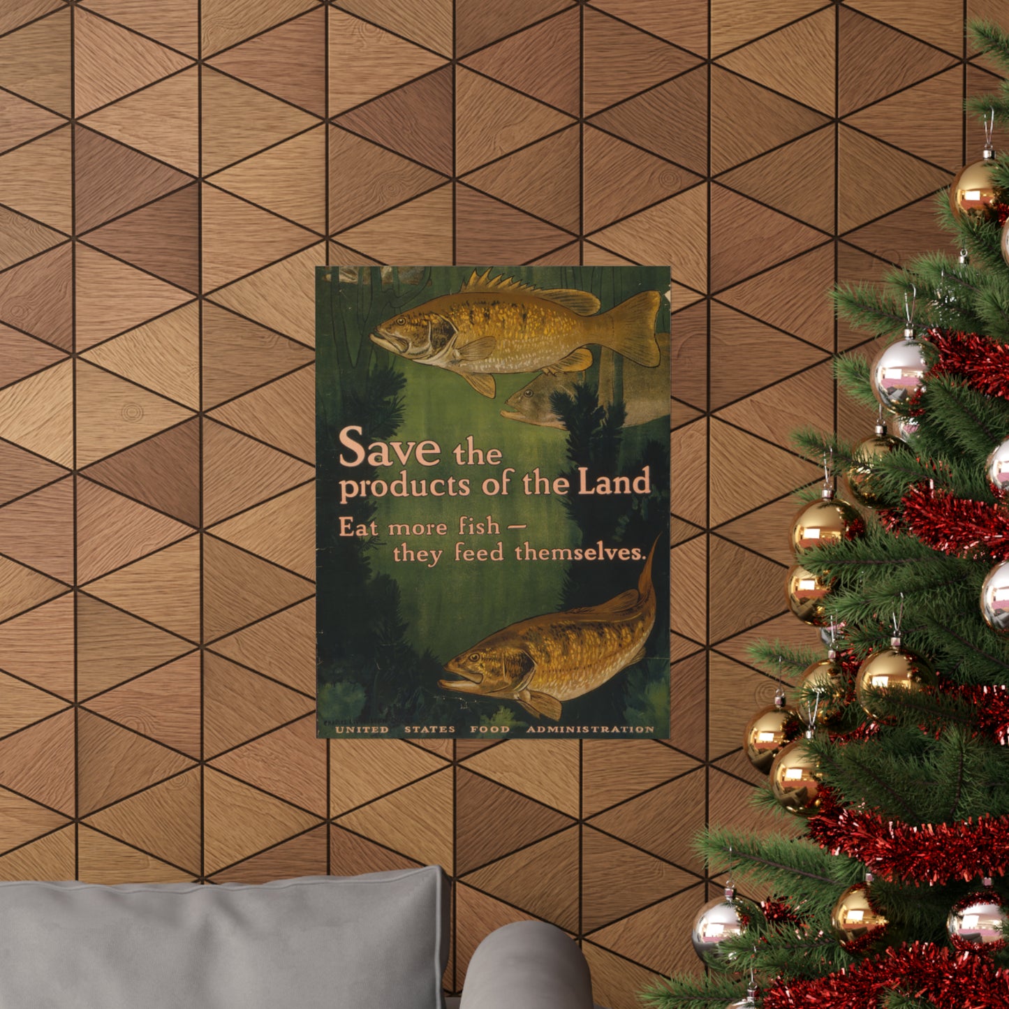 1917 world war I era lithograph reproduction "save the products of the land. eat more fish. they feed themselves." matte vertical poster whatmart