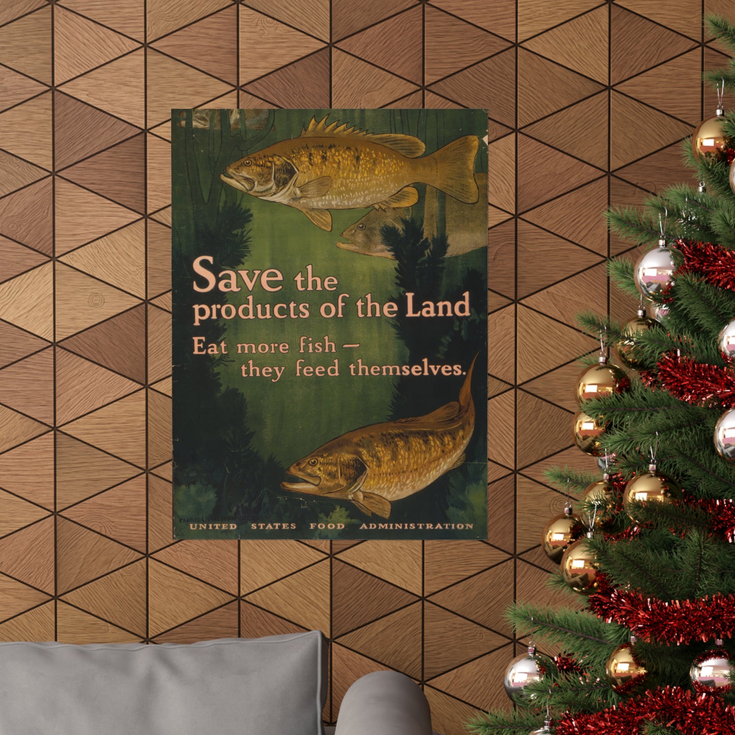 1917 world war I era lithograph reproduction "save the products of the land. eat more fish. they feed themselves." matte vertical poster whatmart