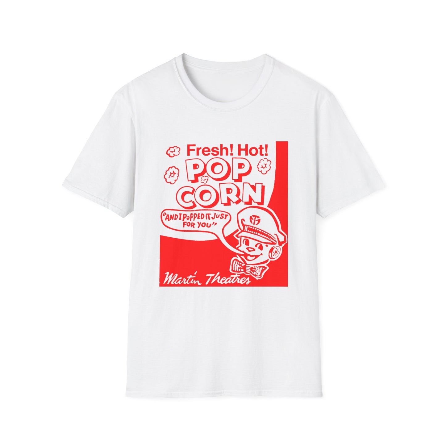 1940s popcorn box logo for martin theatres with a cute little popcorn mascot tshirt