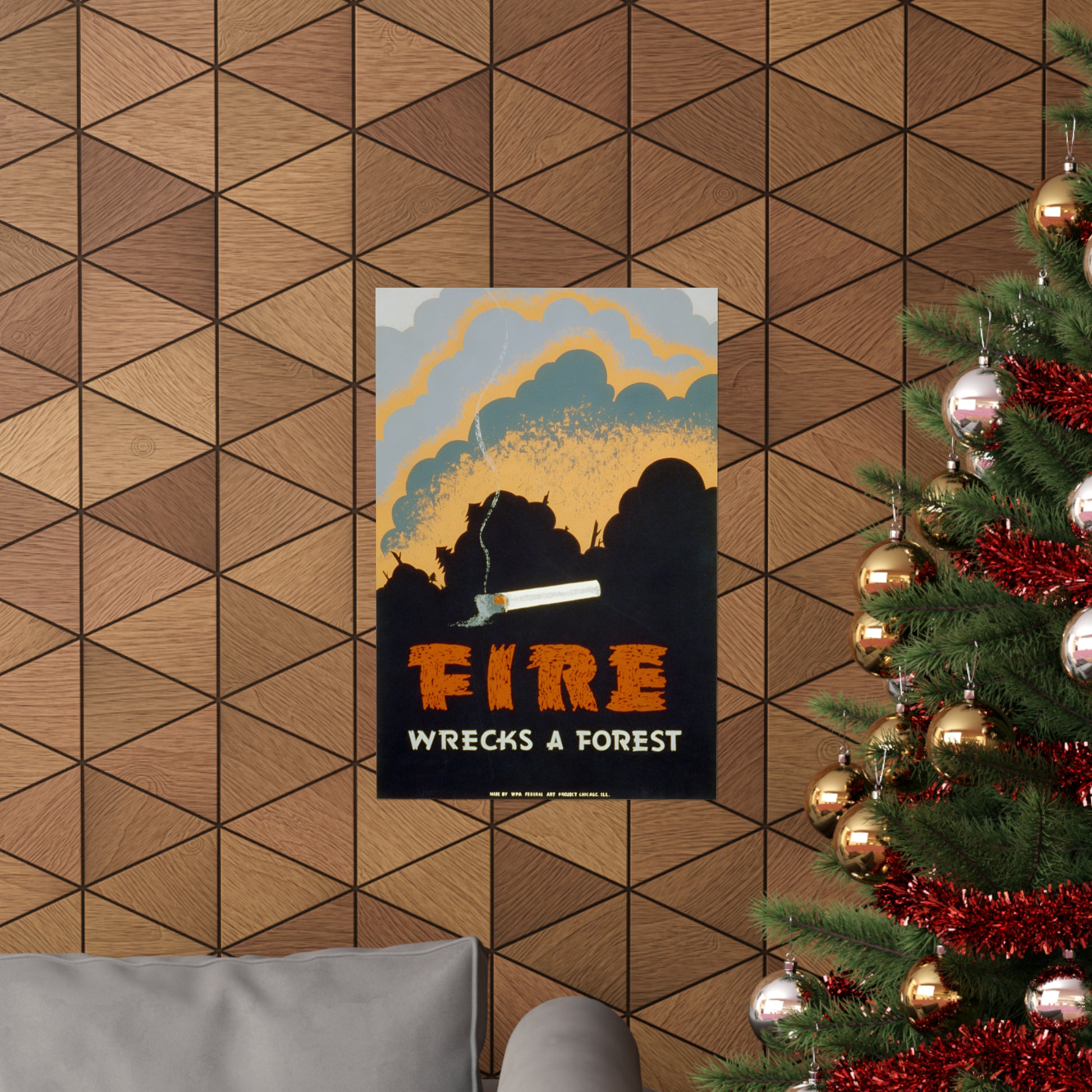 1939 WPA federal art project fire prevention silk screen reproduction "fire wrecks a forest" matte vertical poster whatmart