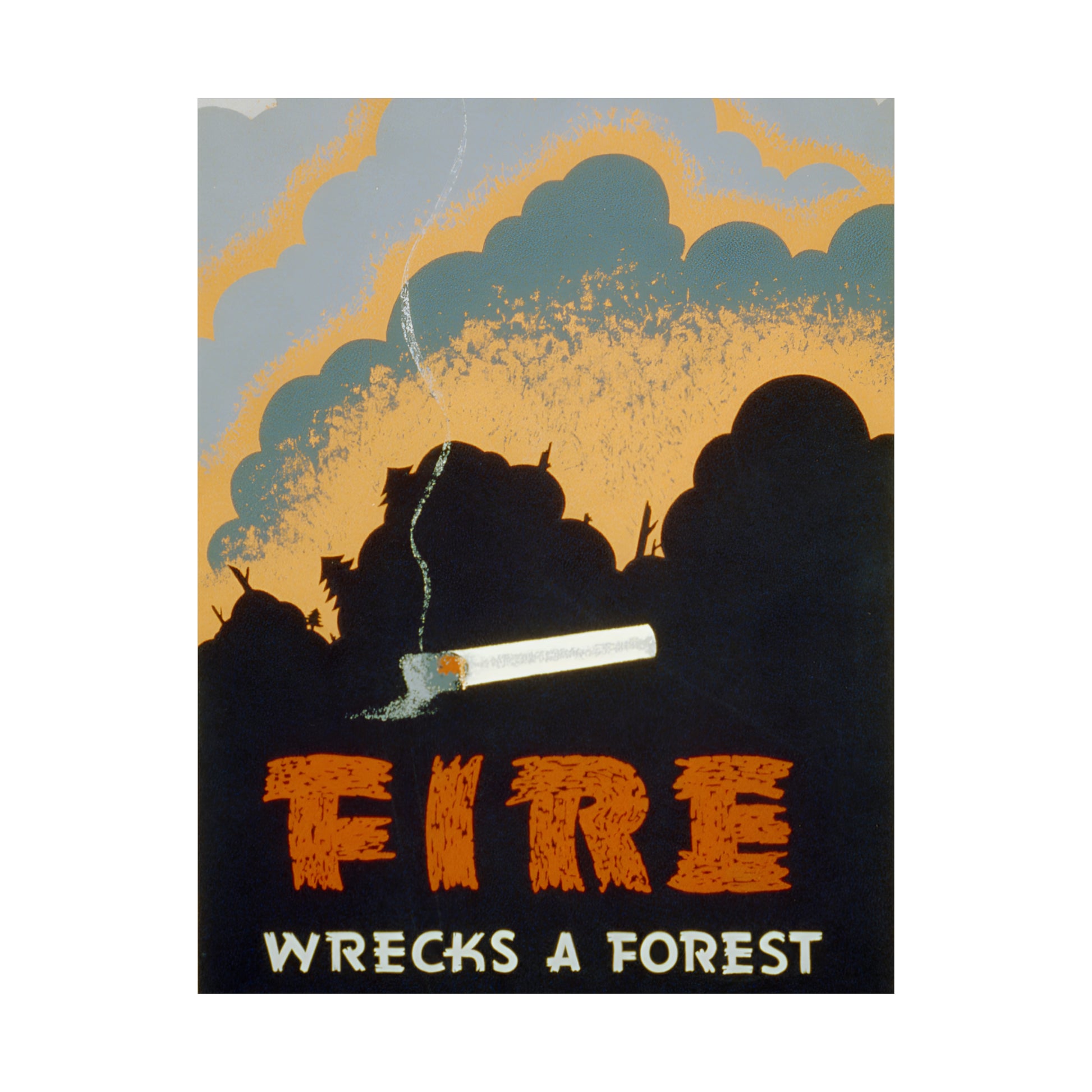 1939 WPA federal art project fire prevention silk screen reproduction "fire wrecks a forest" matte vertical poster whatmart