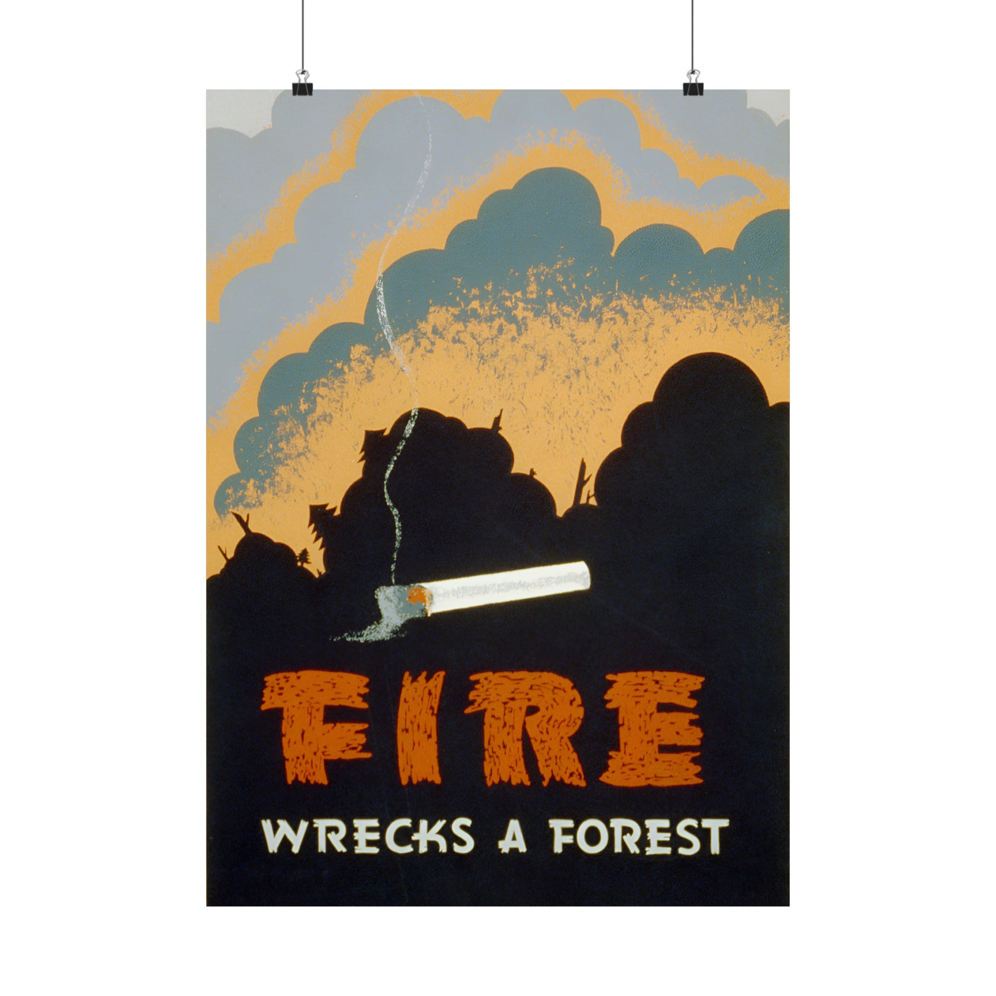 1939 WPA federal art project fire prevention silk screen reproduction "fire wrecks a forest" matte vertical poster whatmart