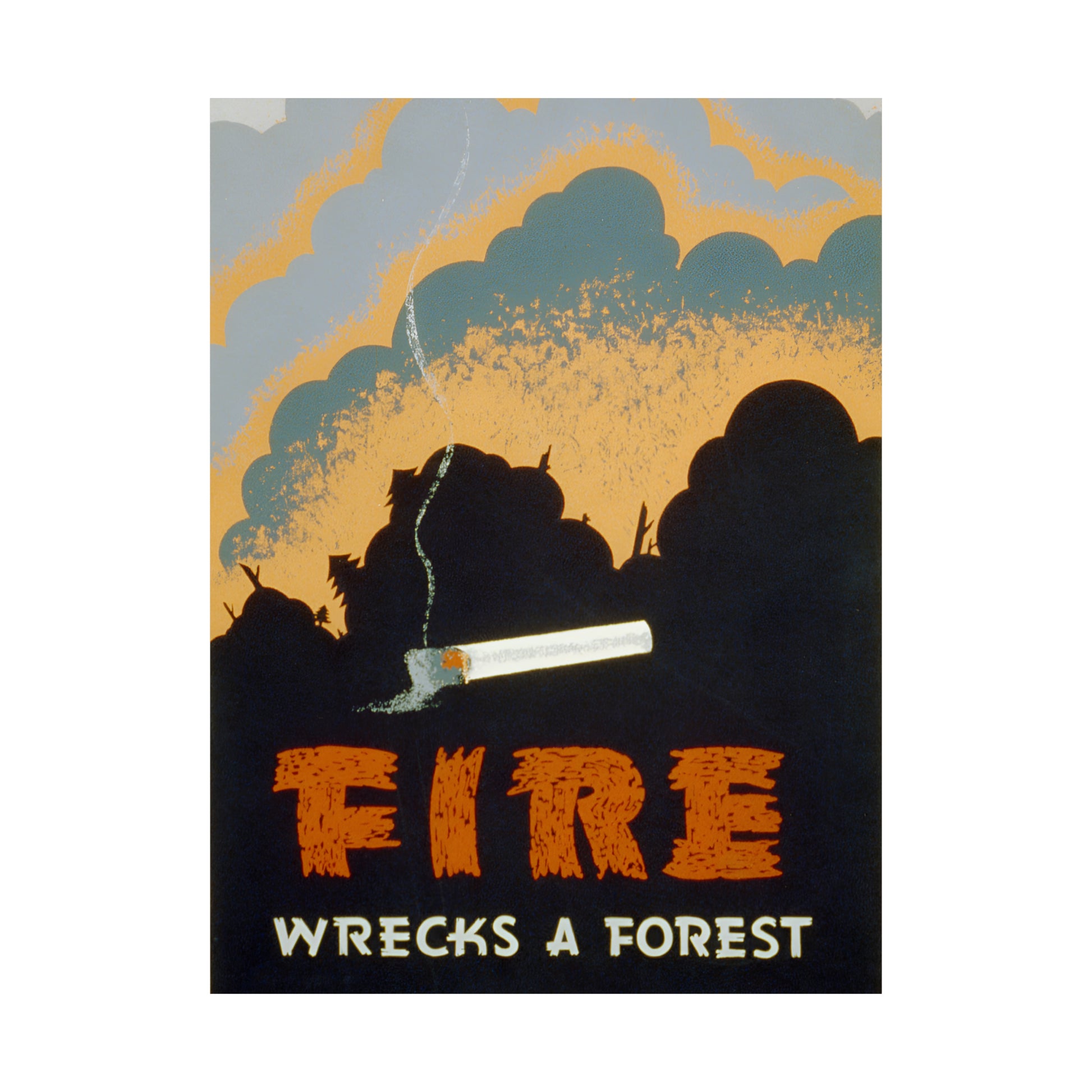 1939 WPA federal art project fire prevention silk screen reproduction "fire wrecks a forest" matte vertical poster whatmart