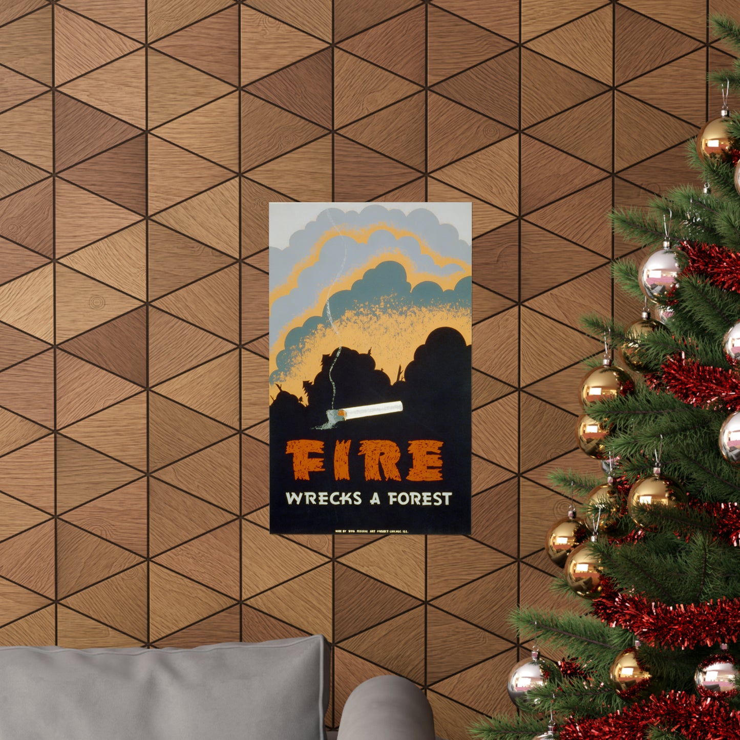 1939 WPA federal art project fire prevention silk screen reproduction "fire wrecks a forest" matte vertical poster whatmart