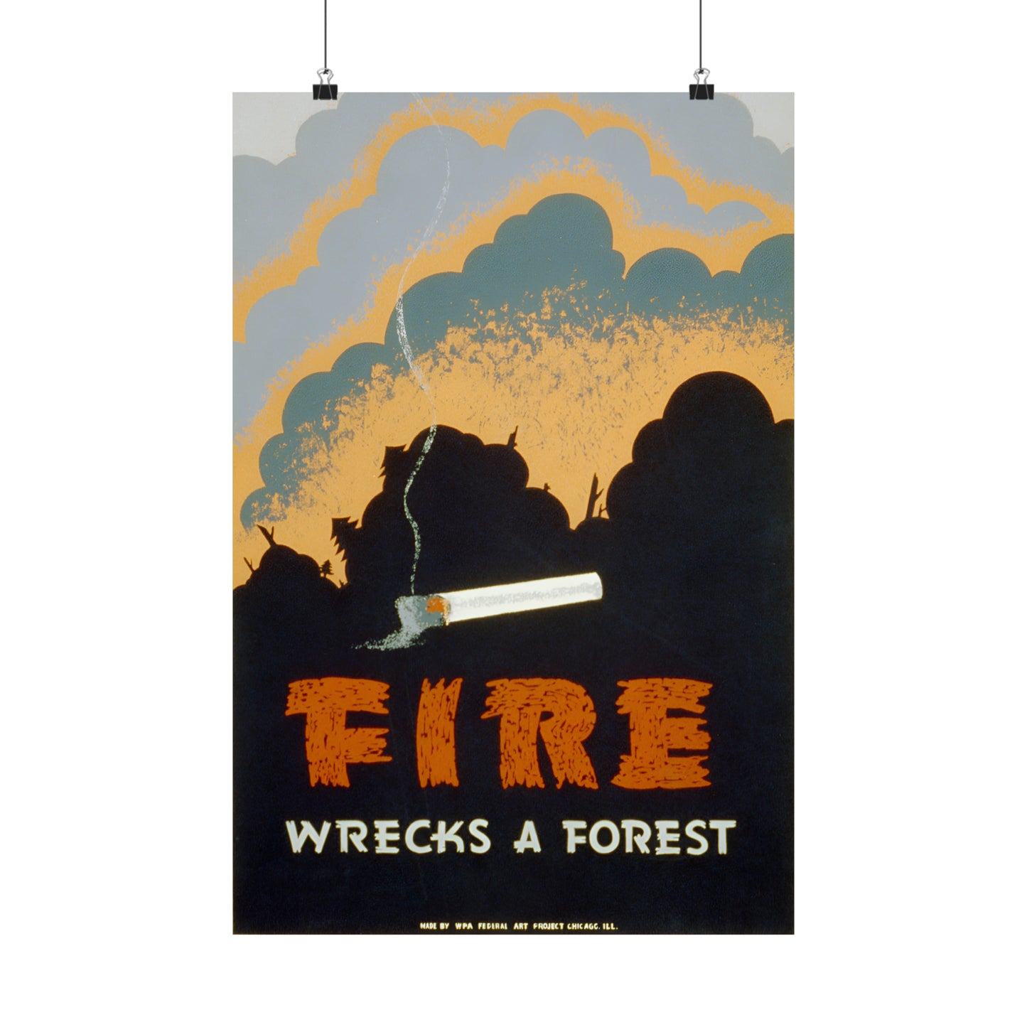 1939 WPA federal art project fire prevention silk screen reproduction "fire wrecks a forest" matte vertical poster whatmart