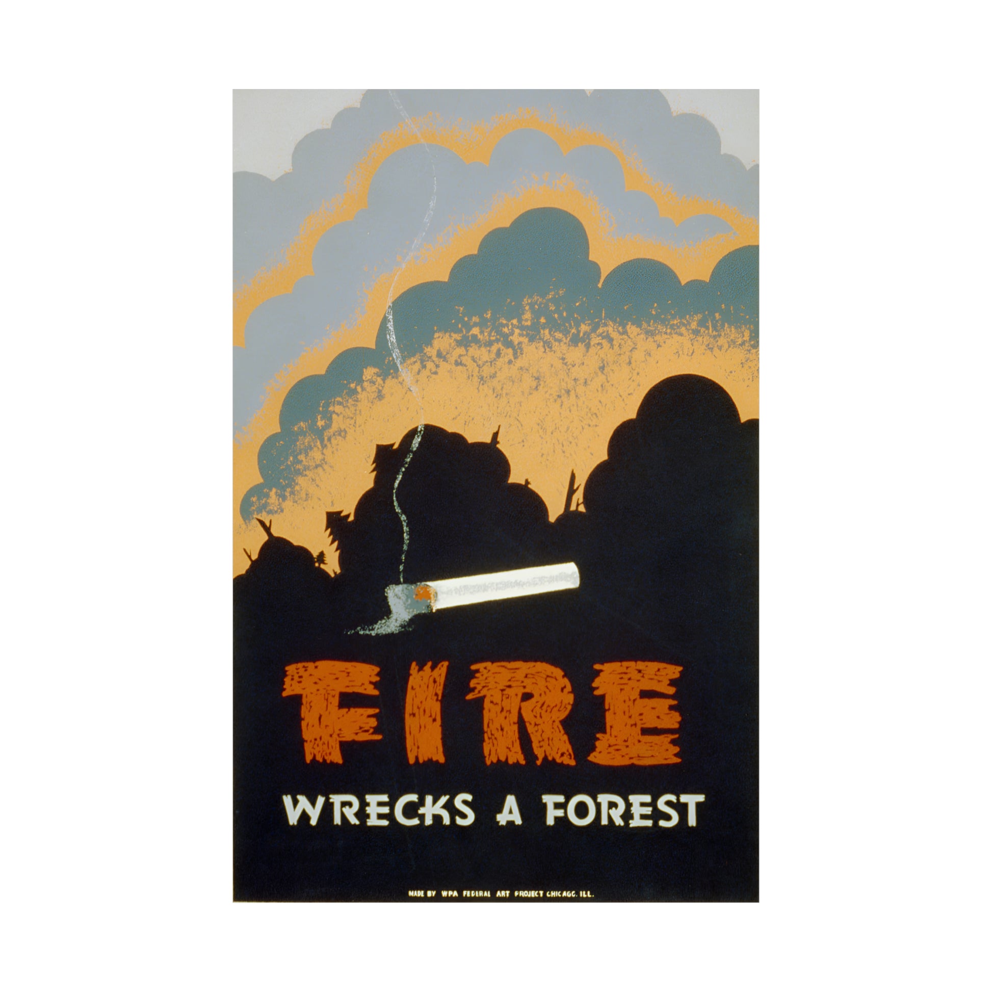 1939 WPA federal art project fire prevention silk screen reproduction "fire wrecks a forest" matte vertical poster whatmart