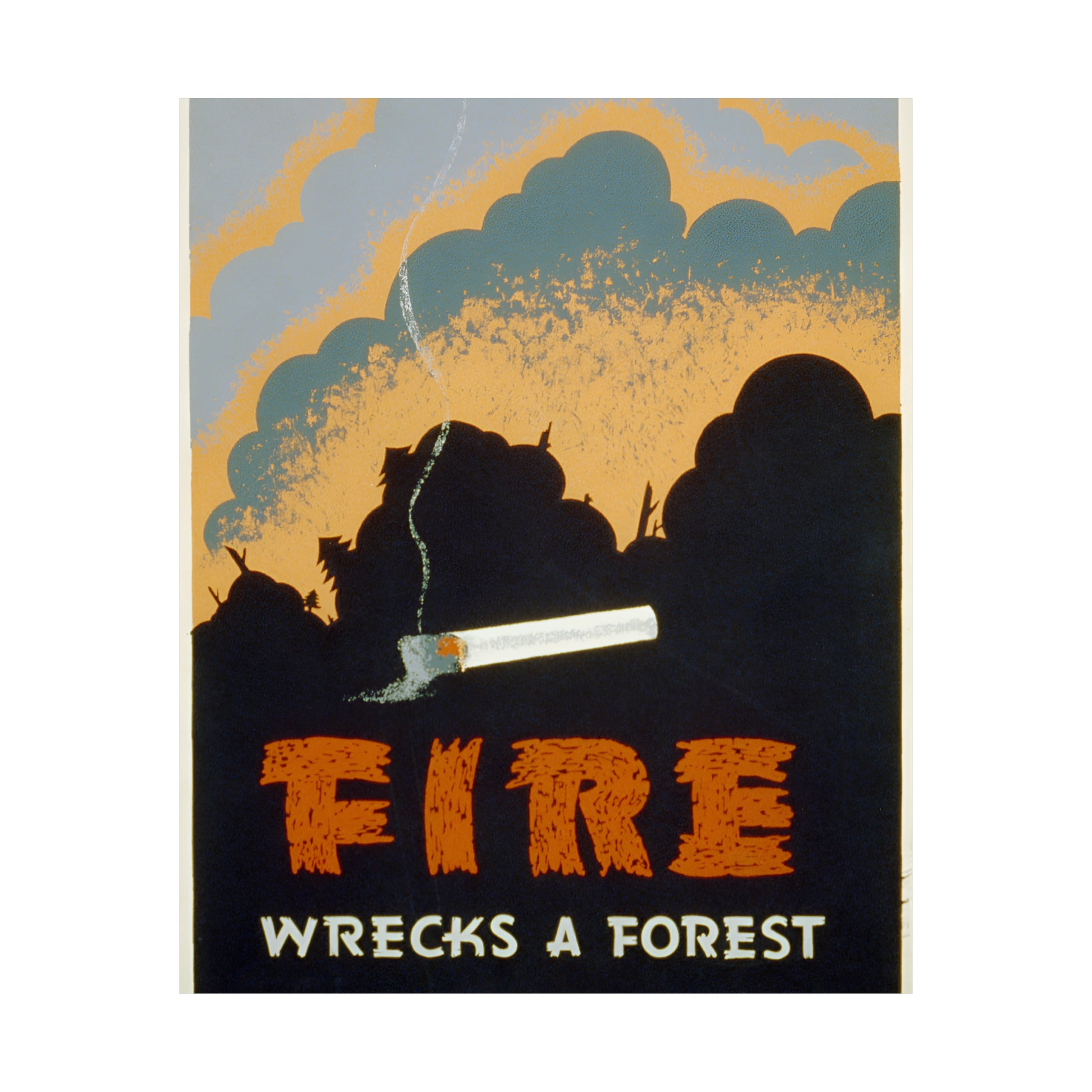 1939 WPA federal art project fire prevention silk screen reproduction "fire wrecks a forest" matte vertical poster whatmart