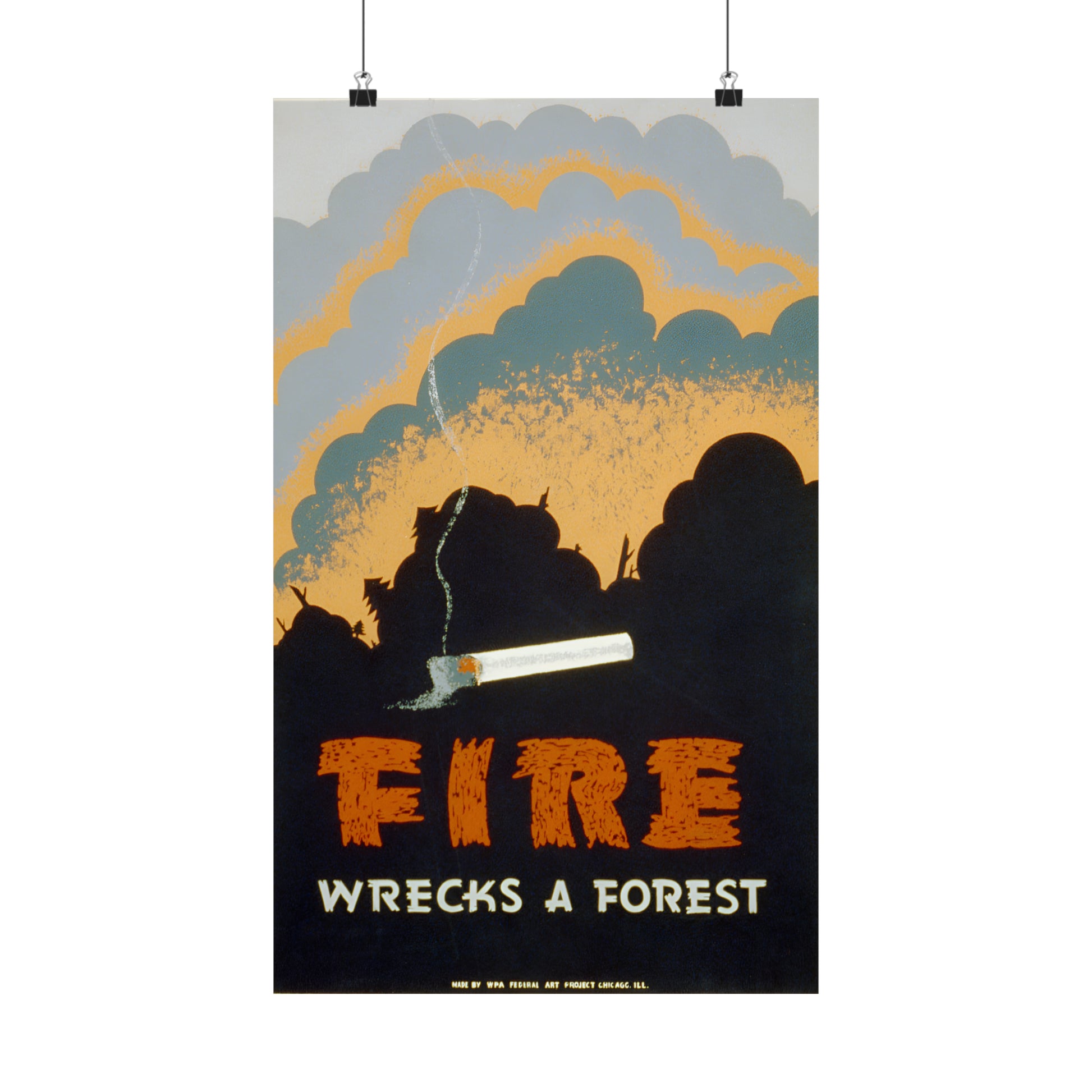 1939 WPA federal art project fire prevention silk screen reproduction "fire wrecks a forest" matte vertical poster whatmart