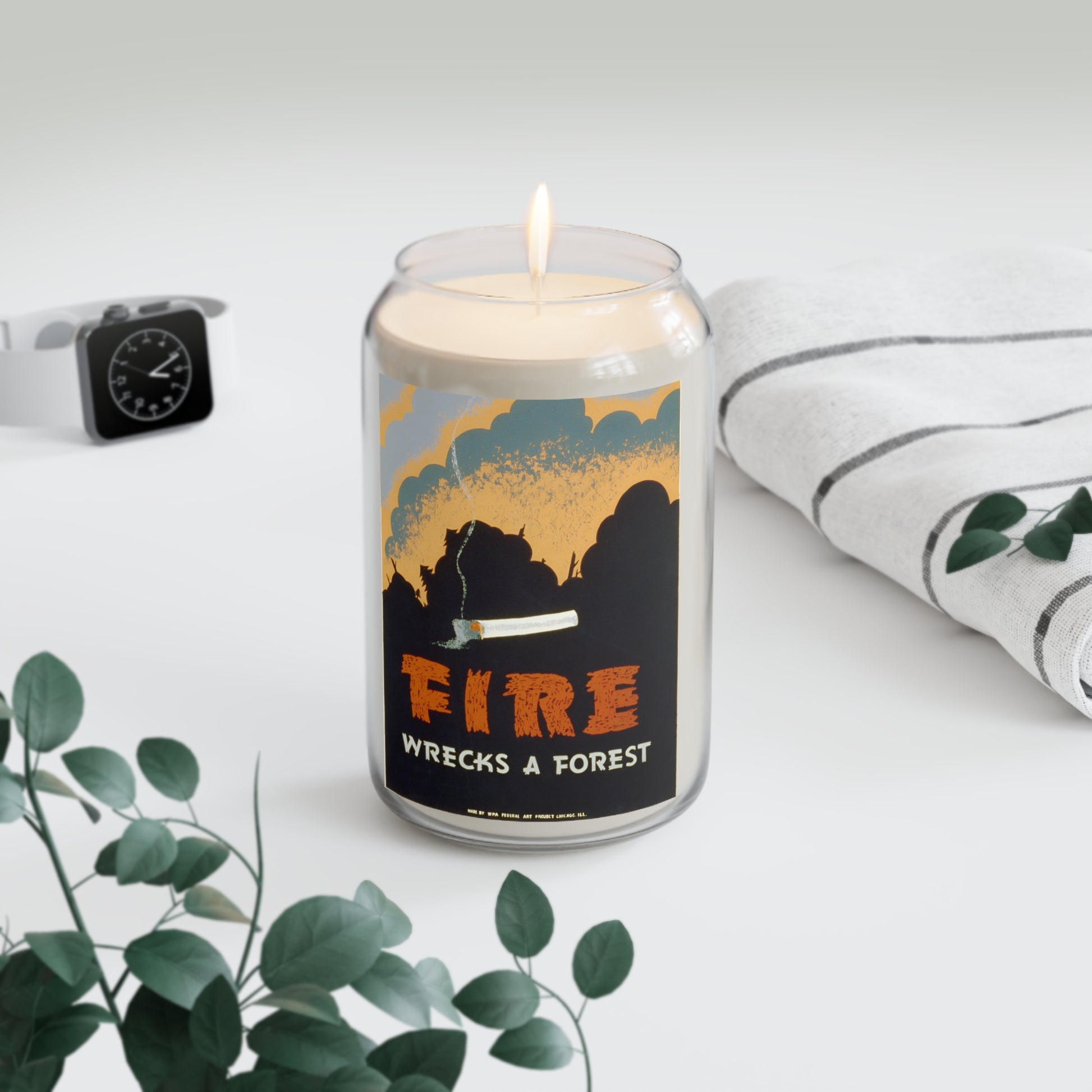 1939 WPA federal art project fire prevention silk screen reproduction "fire wrecks a forest" scented candle, 13.75oz whatmart