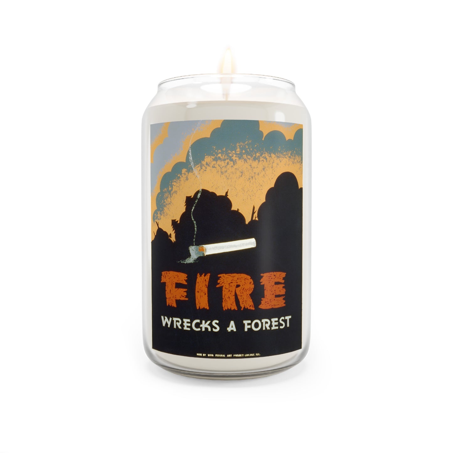 1939 WPA federal art project fire prevention silk screen reproduction "fire wrecks a forest" scented candle, 13.75oz whatmart